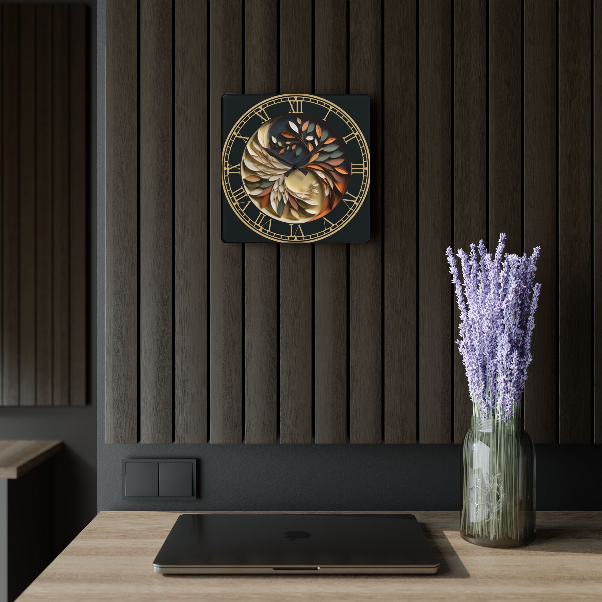 Origami Style Yin Yang Botanical Acrylic Art Print Wall Clock — NOT Real Origami, Zen Home Decor