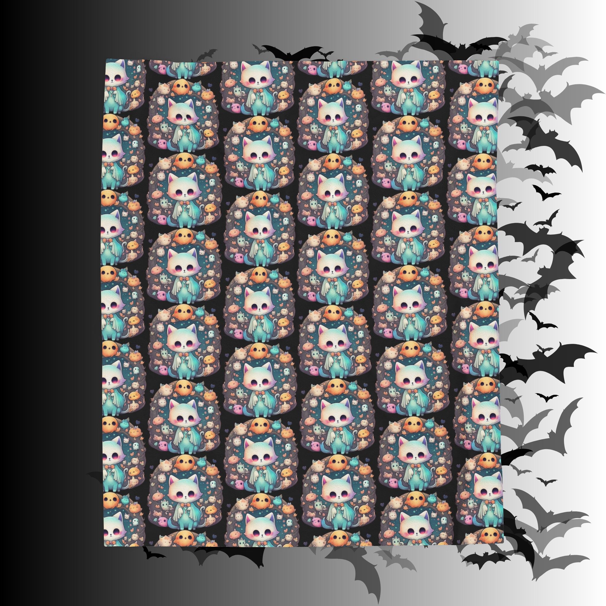 Creepy Cute Kawaii Cat Throw Blanket — Pastel Goth Ghost Dark Home Decor