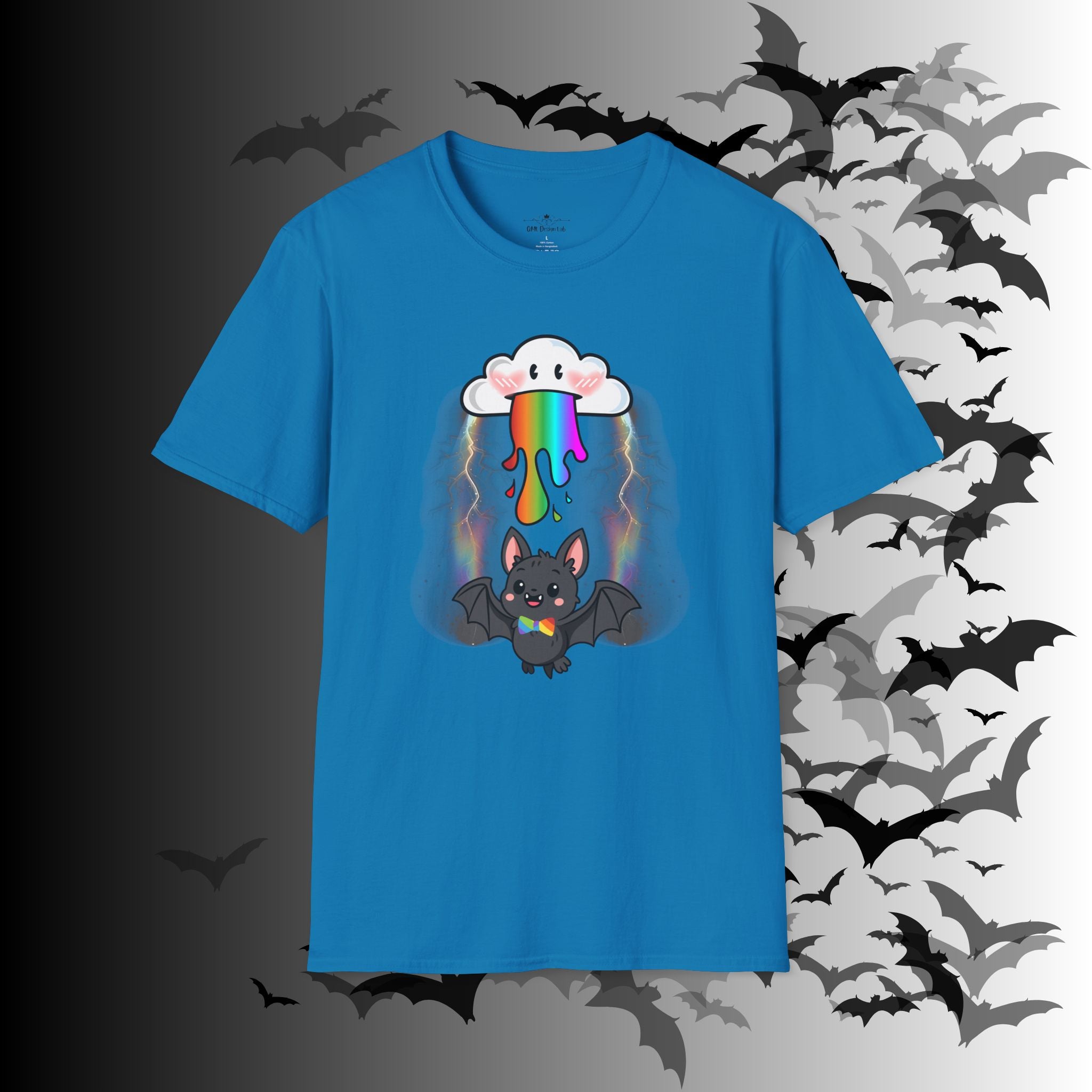 Rainbow Vomit Cloud Bat T-Shirt — Kawaii Goth Pride Unisex Tee