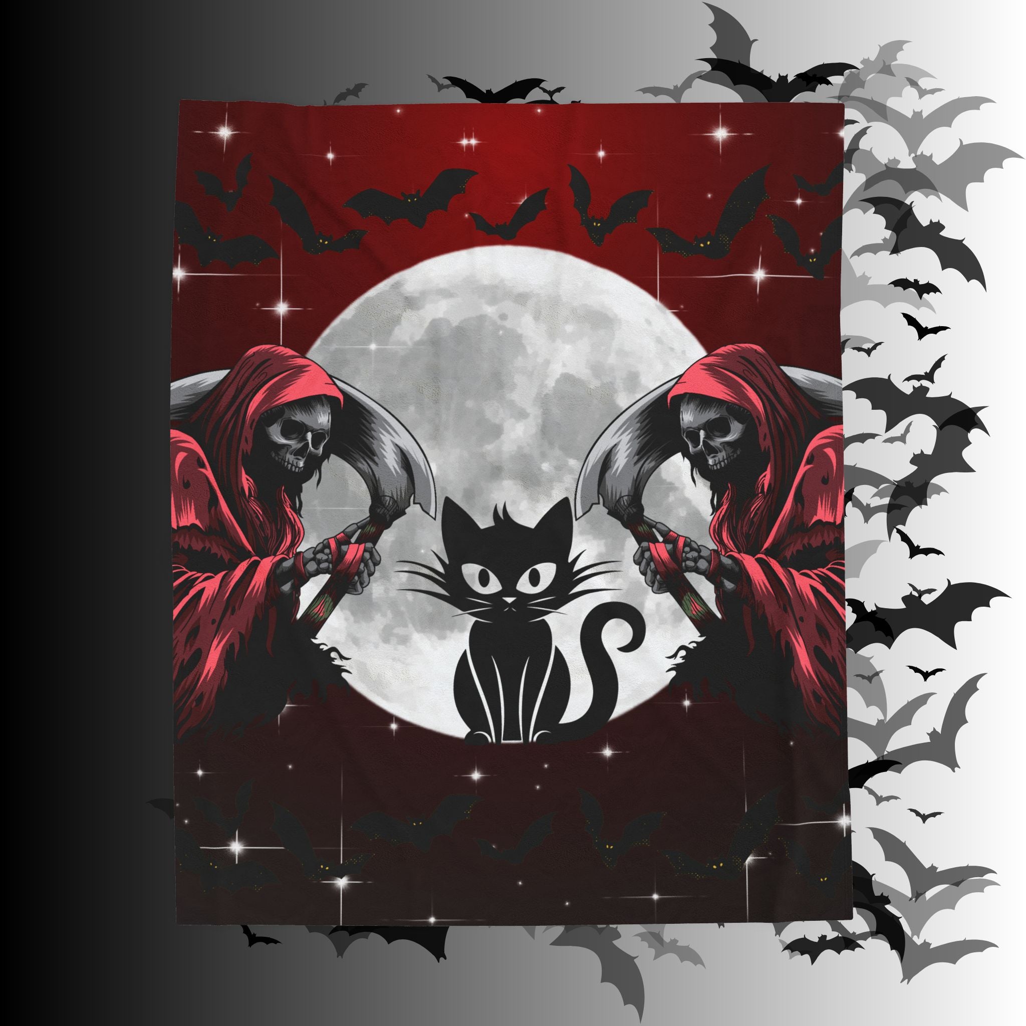 Gothic Black Cat Grim Reaper Throw Blanket — Moonlit Dark Home Decor