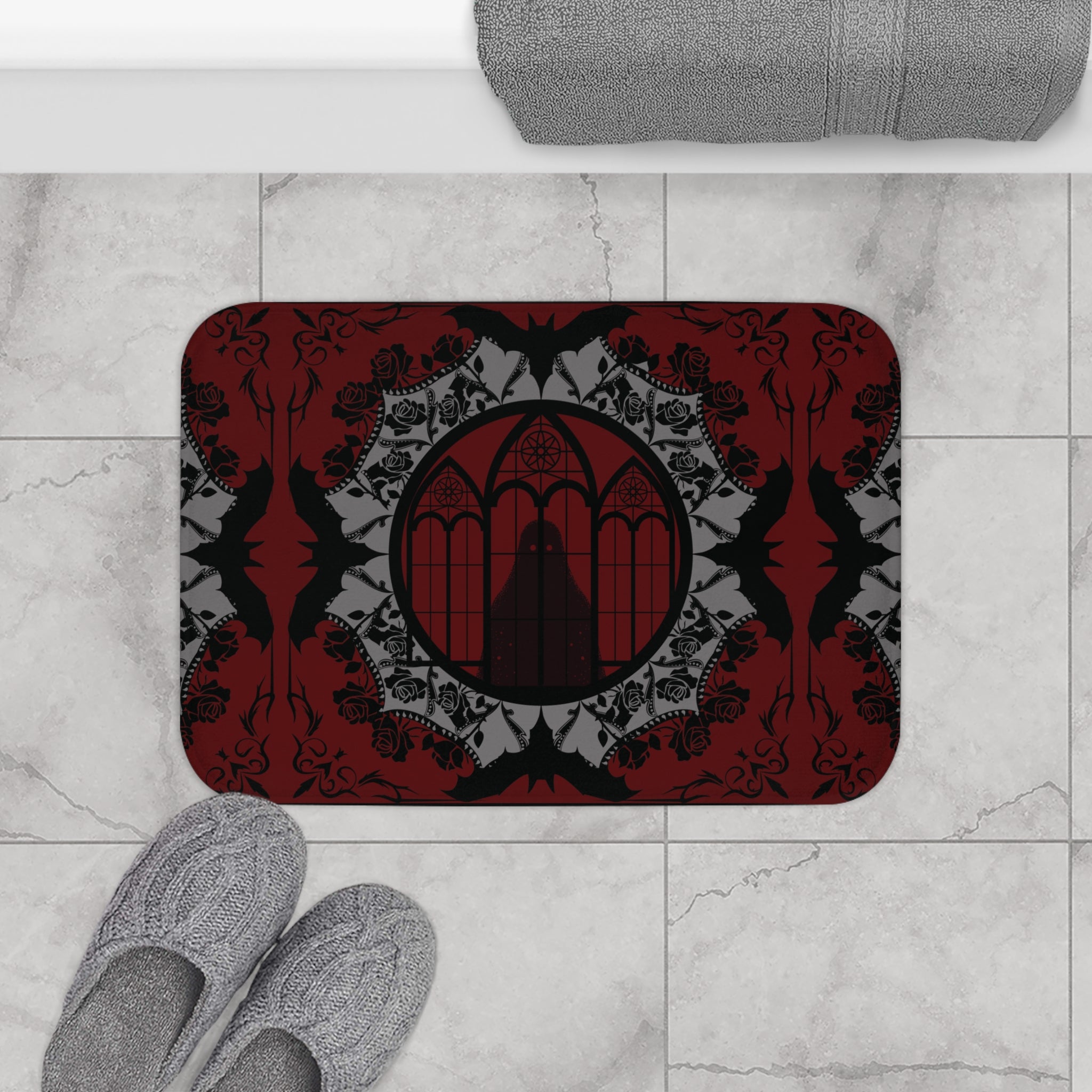 Gothic Cathedral Bats Bath Mat — Elegant Crimson Bathroom Decor