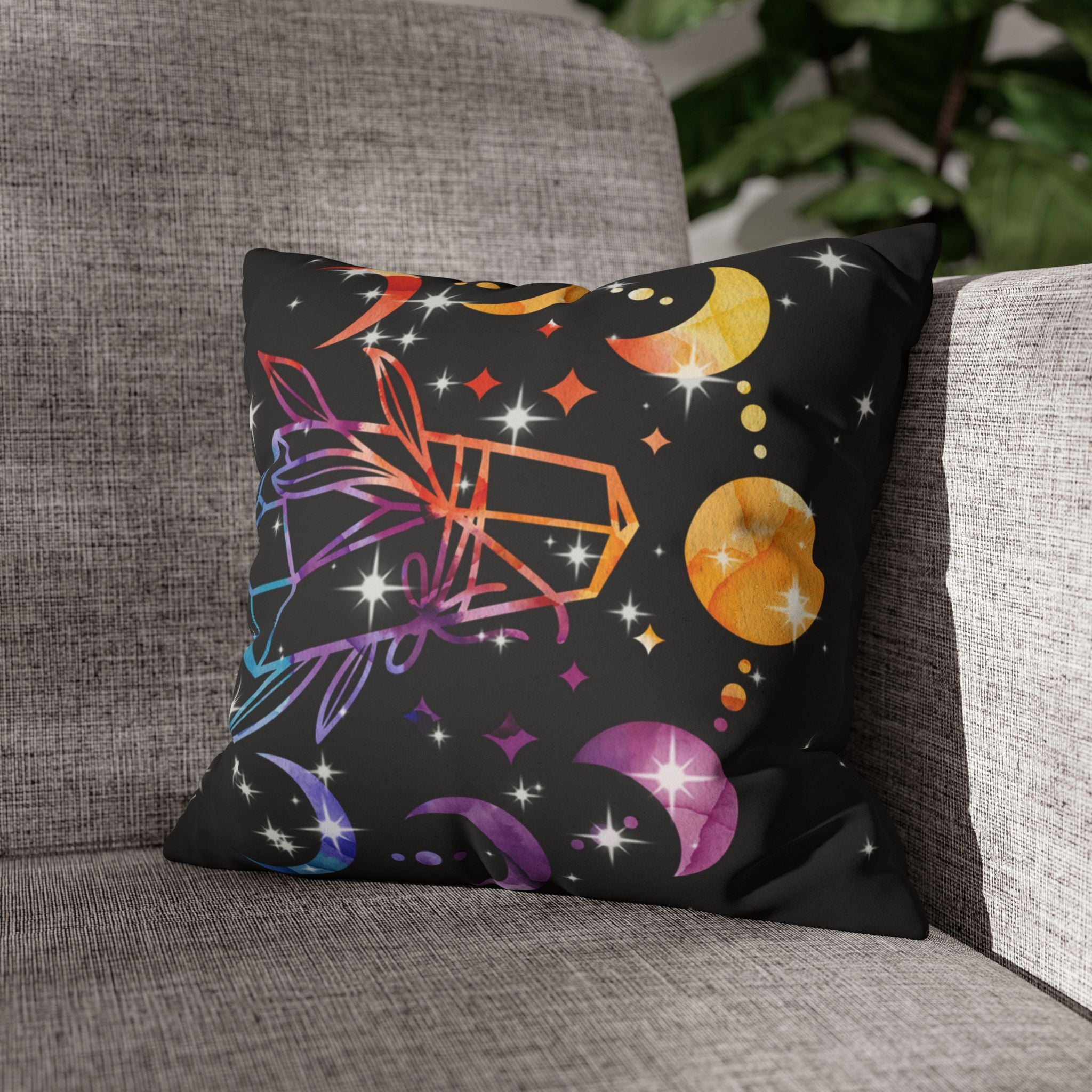 Rainbow Crystal Celestial Throw Pillow — Witchy Gothic Dark Home Decor