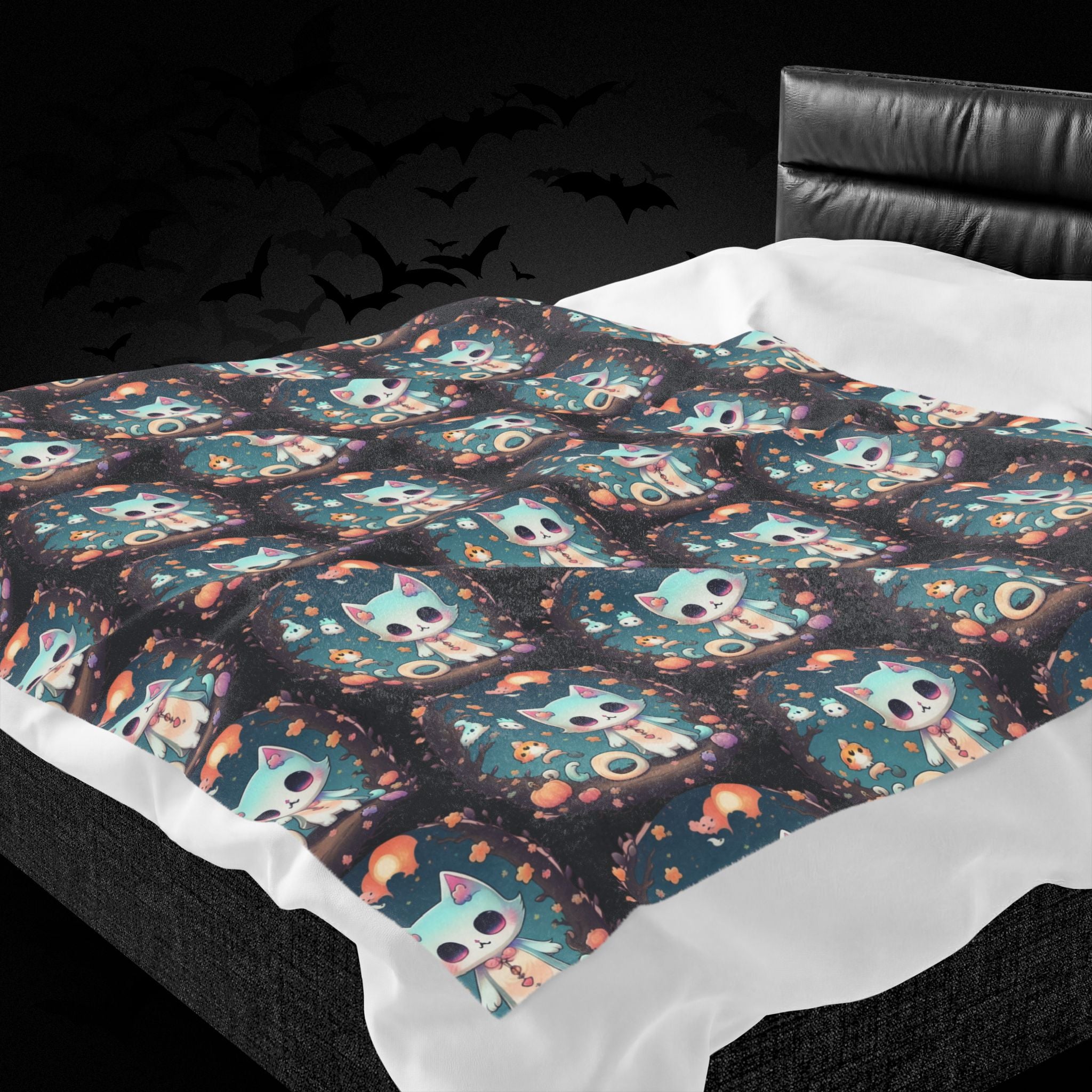 Pastel Goth Cat Throw Blanket — Creepy Cute Kawaii Dark Home Decor