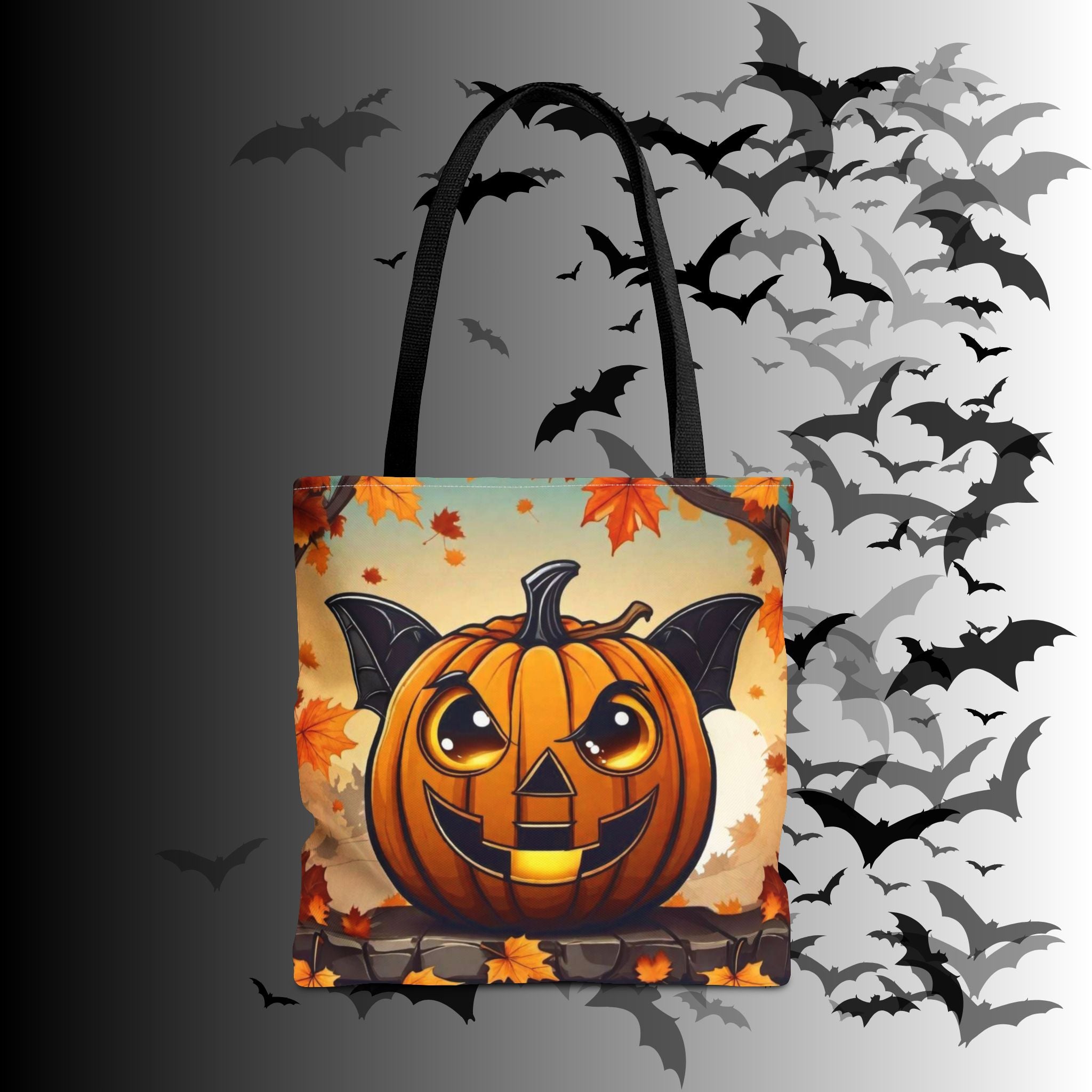 Bat Wing Jack-o'-Lantern Halloween Tote Bag — Autumn Leaves Print