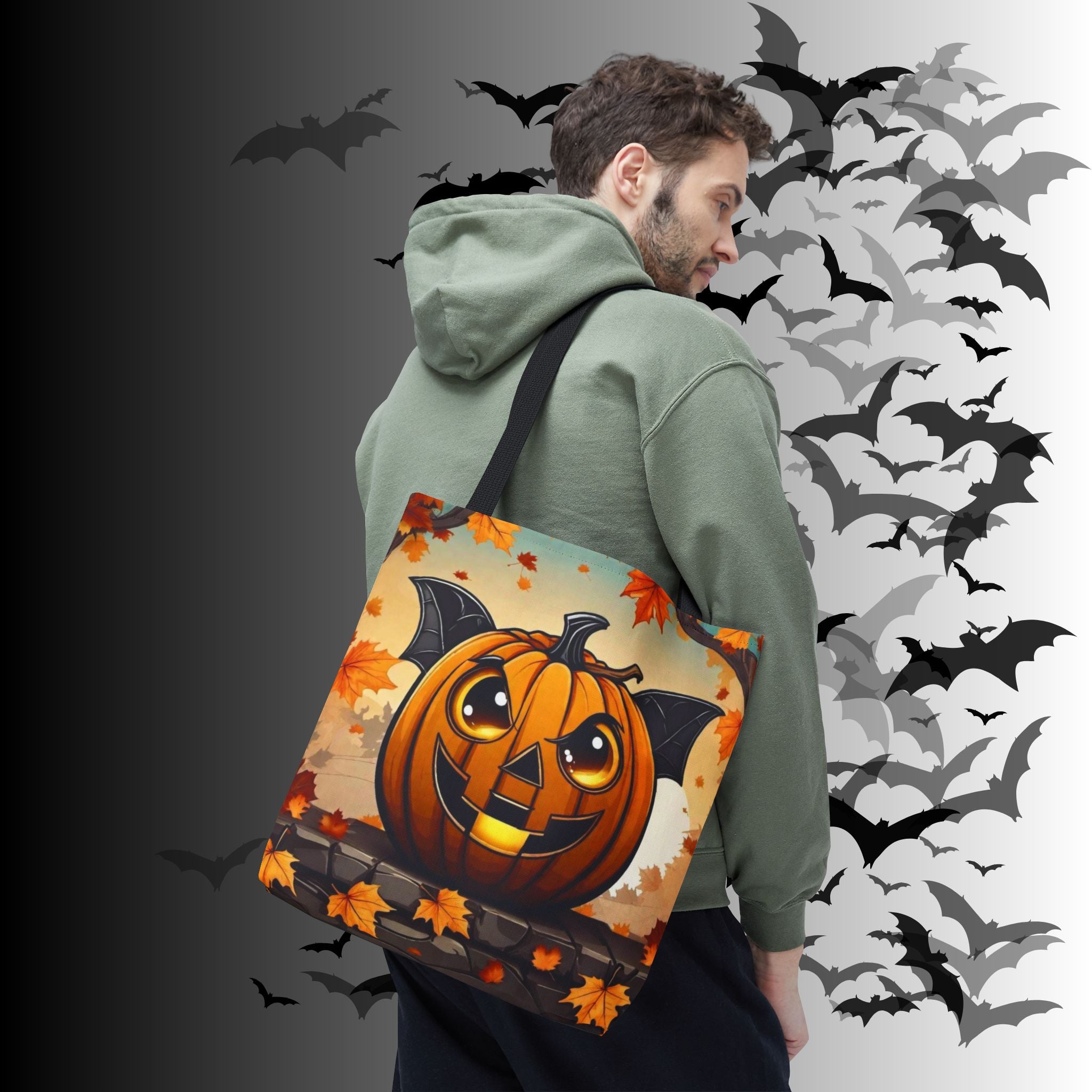 Bat Wing Jack-o'-Lantern Halloween Tote Bag — Autumn Leaves Print