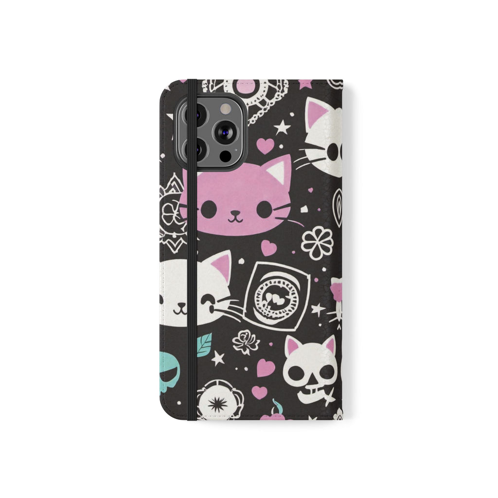 Pastel Goth Cat Flip Wallet Phone Case - Goth Cat Wallet Case for Samsung iPhone - Gothic Style Cats Wallet Phone Cases