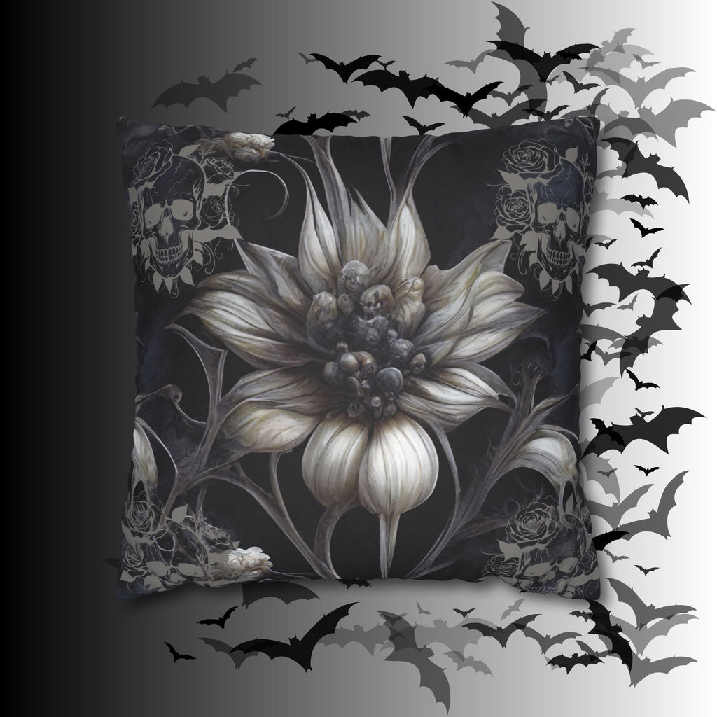 Gothic Skull Botanical Sunflower Throw Pillow — Dark Floral Home Decor