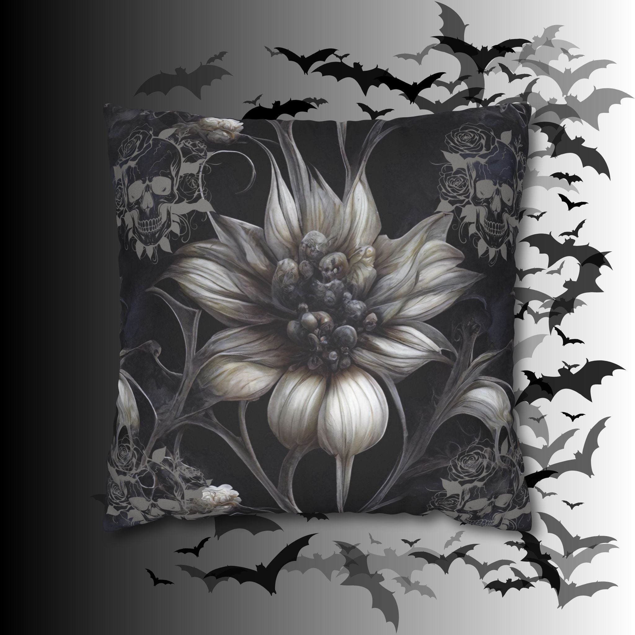 Gothic Skull Botanical Sunflower Throw Pillow — Dark Floral Home Decor