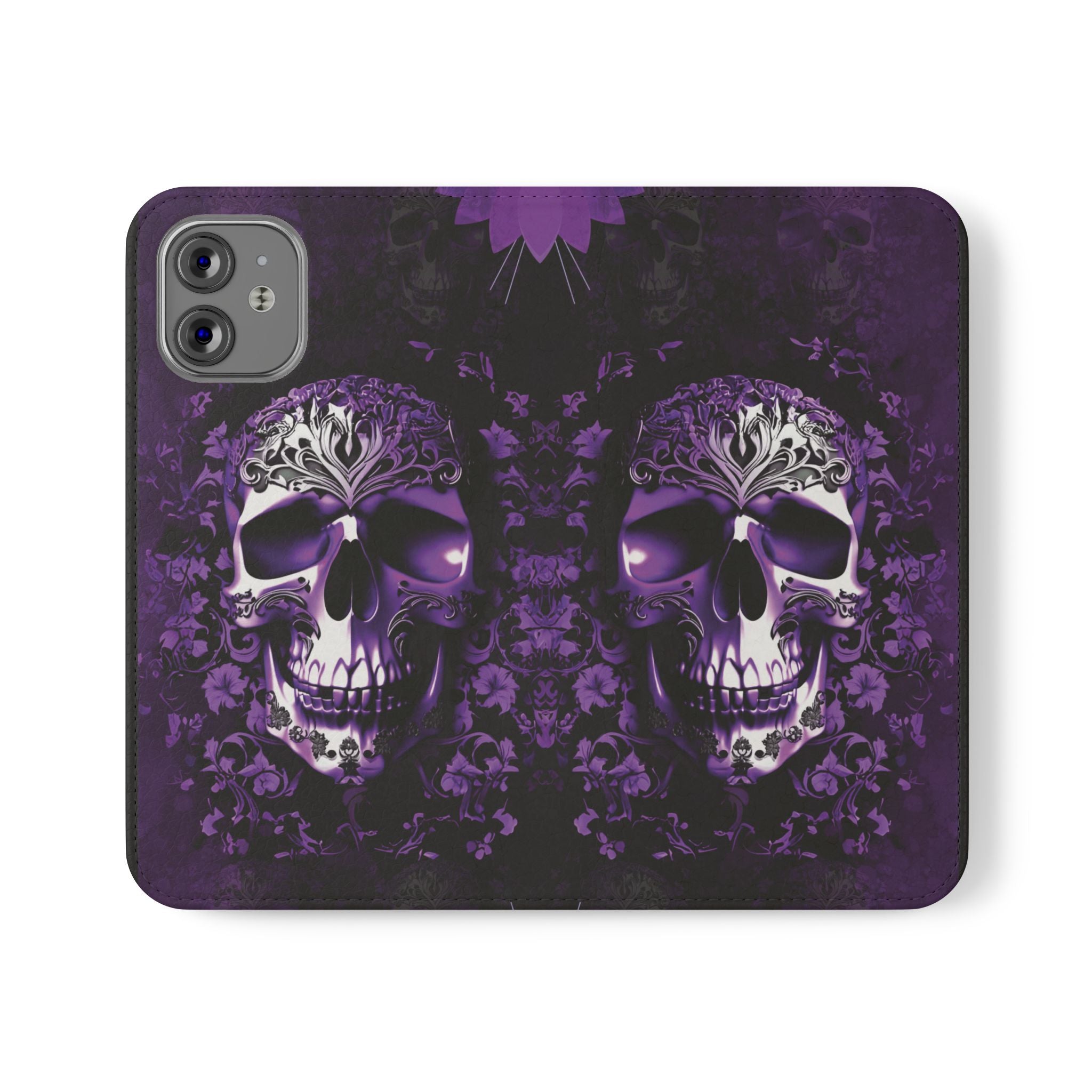 Purple Pastel Goth Skull Flip Wallet Phone Case - Skull Wallet Case for Samsung iPhone - Gothic Style Skull Wallet Phone Cases