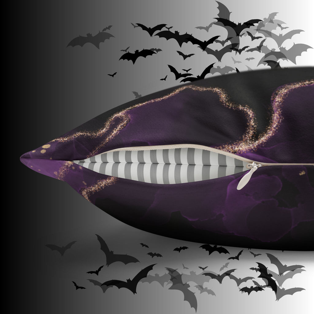 Gothic Bat Wing Cat Moon Phases Throw Pillow — Purple Celestial Dark Home Decor