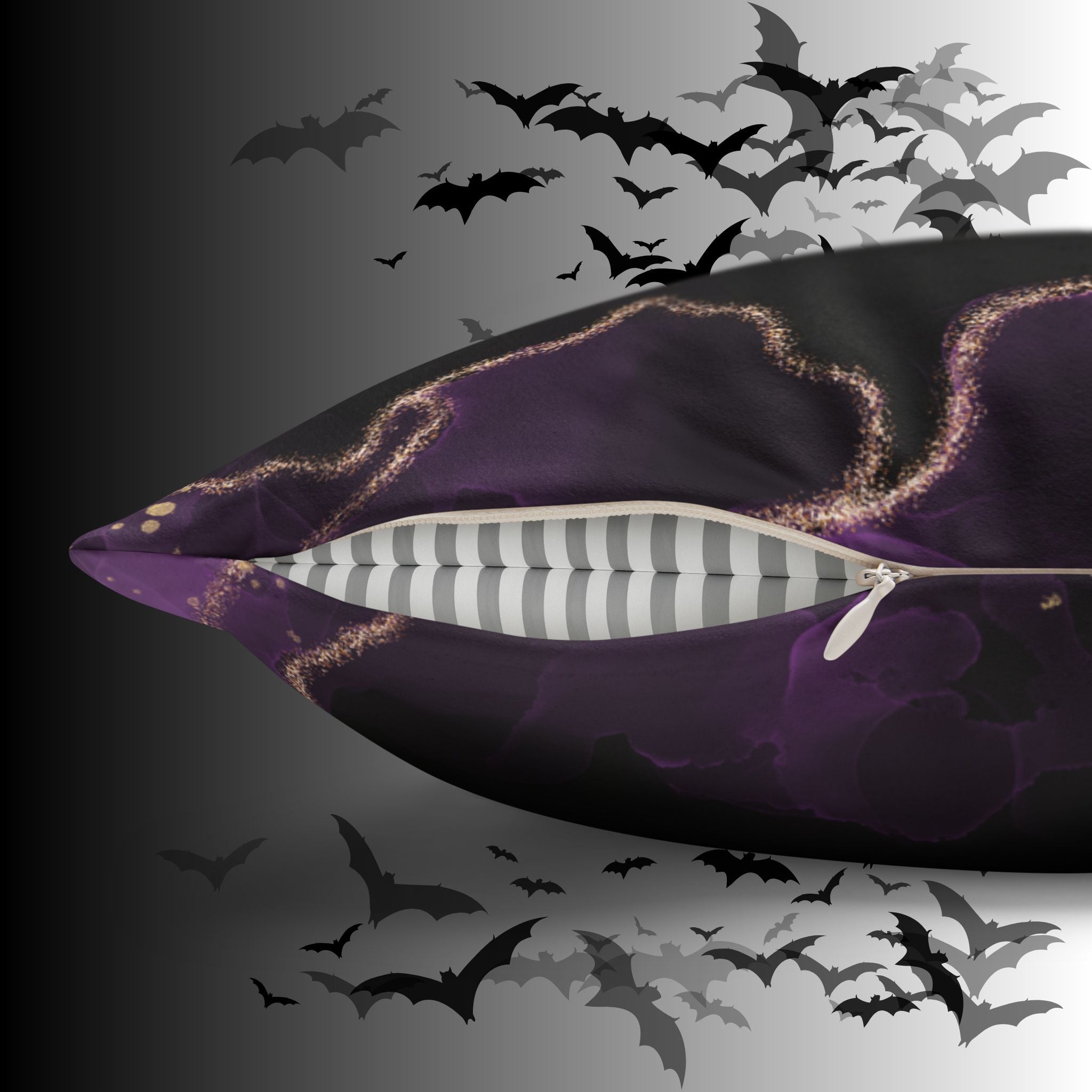 Gothic Bat Wing Cat Moon Phases Throw Pillow — Purple Celestial Dark Home Decor