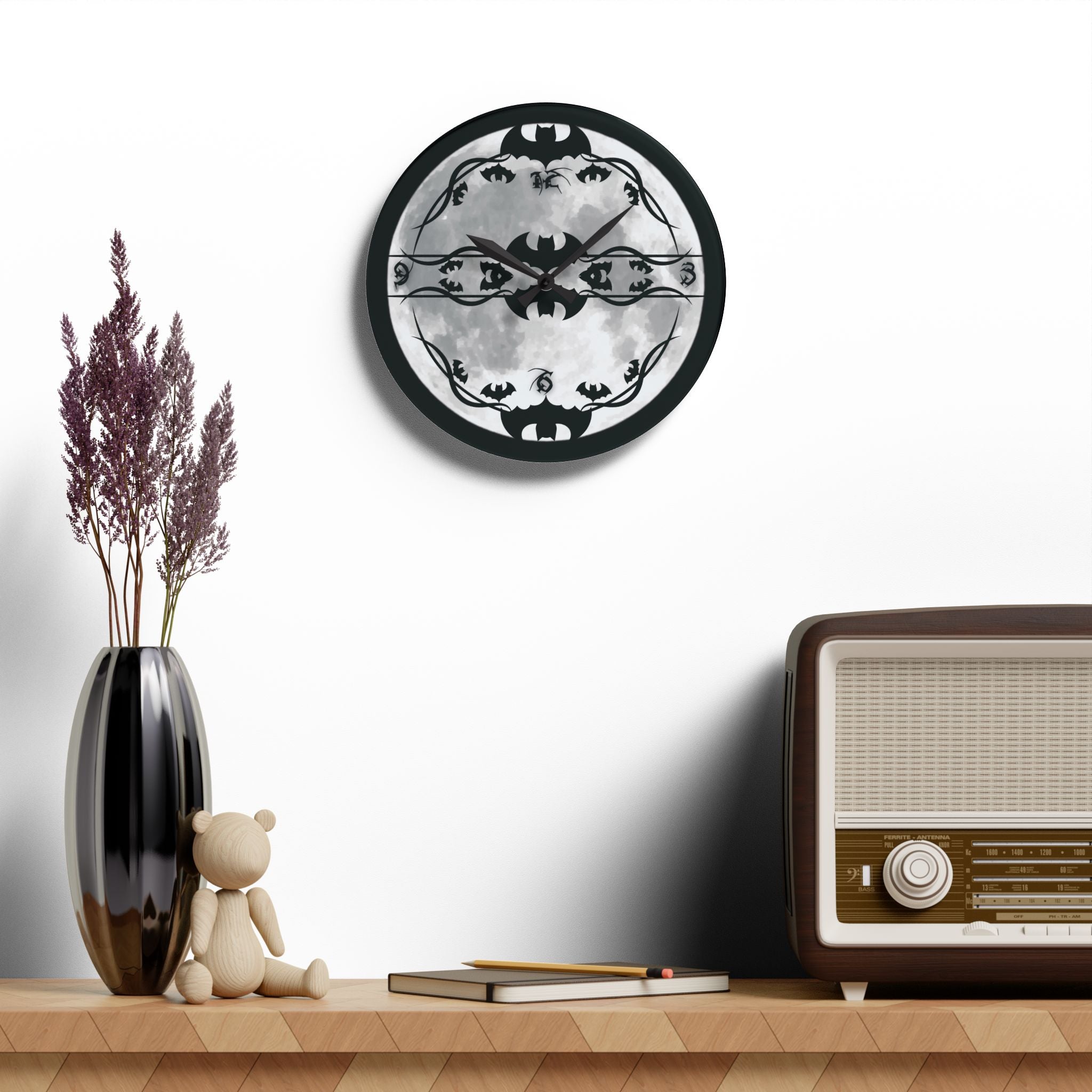 Gothic Bats Full Moon Wall Clock — Halloween Acrylic Art Print Home Decor