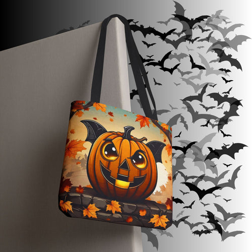 Polyester tote bag with illustrated bat-winged glowing jack-o'-lantern on a stone ledge surrounded by swirling autumn maple leaves on warm amber background
