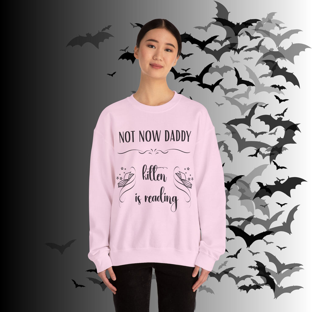 Not Now Daddy Kitten Is Reading Crewneck Sweatshirt — Funny Book Lover