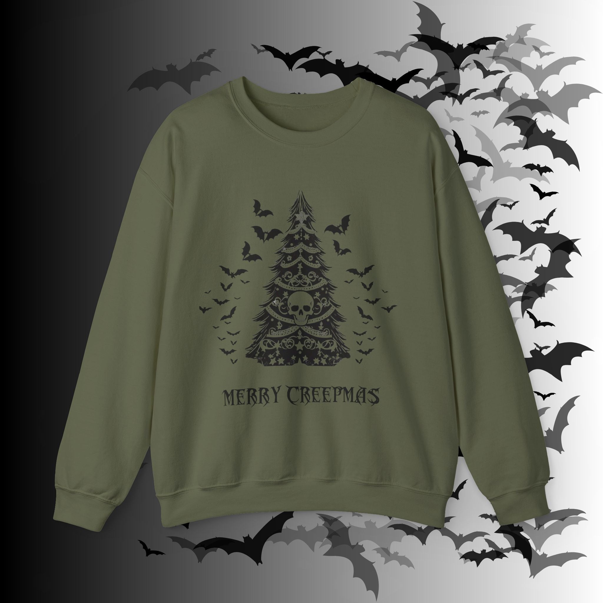 Merry Creepmas Tree Crewneck Sweatshirt — Gothic Christmas Skull Bat
