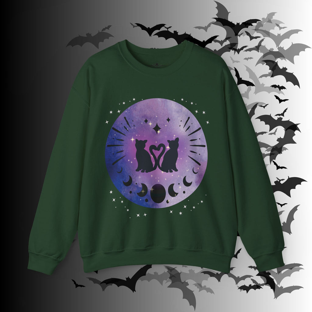 Celestial Twin Cats Heart Moon Crewneck Sweatshirt — Witchy Moon Phase