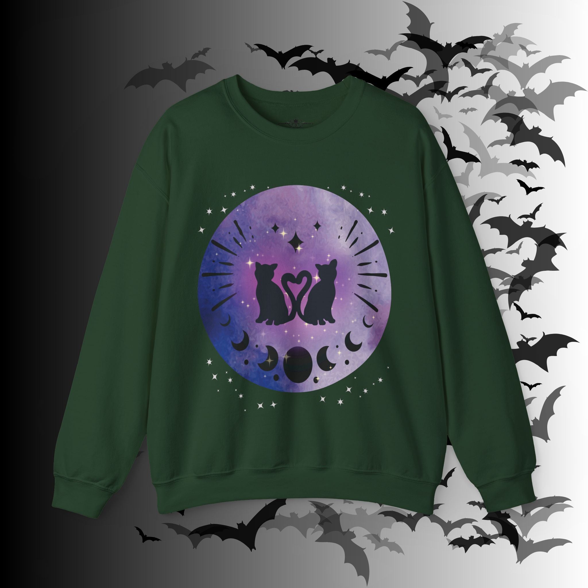 Celestial Twin Cats Heart Moon Crewneck Sweatshirt — Witchy Moon Phase
