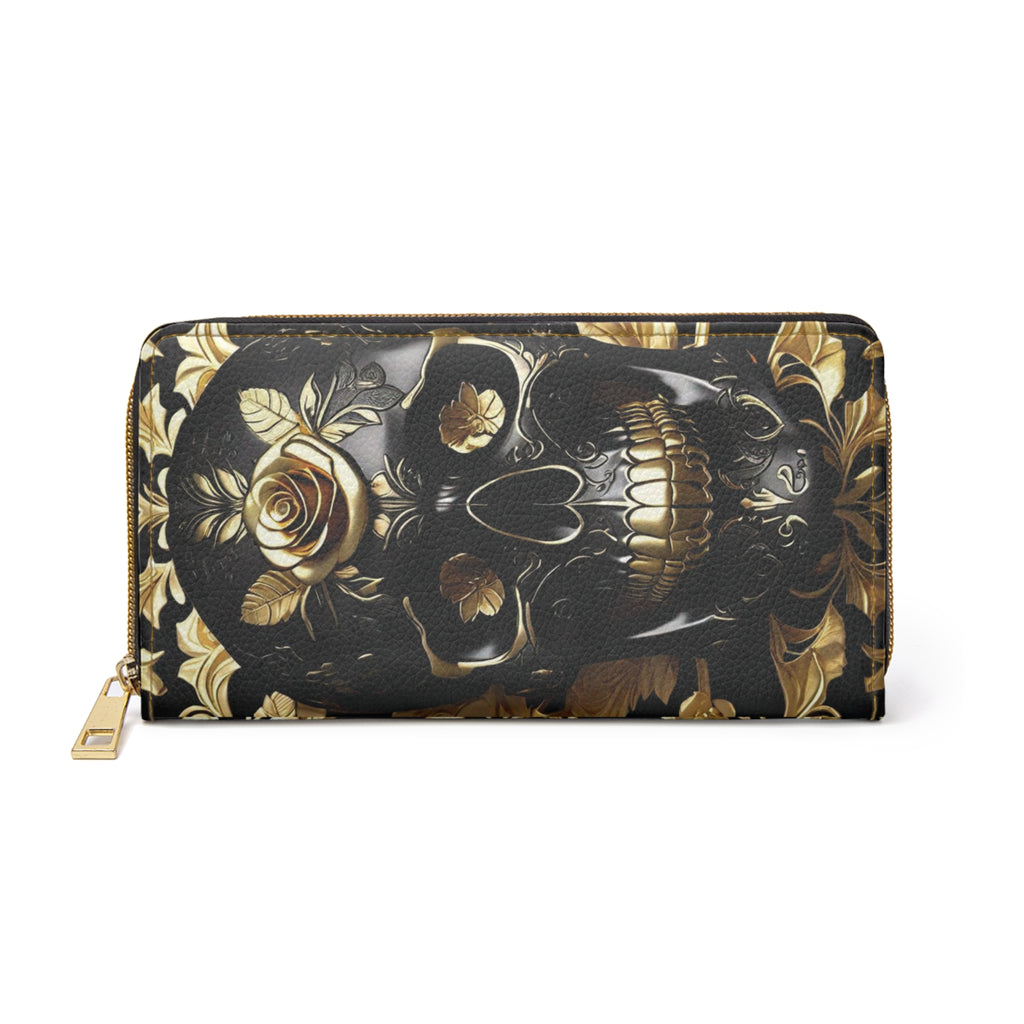 Gothic Black & Gold Skull Rose Wallet | Cruelty Free Faux Leather Zipper Clutch