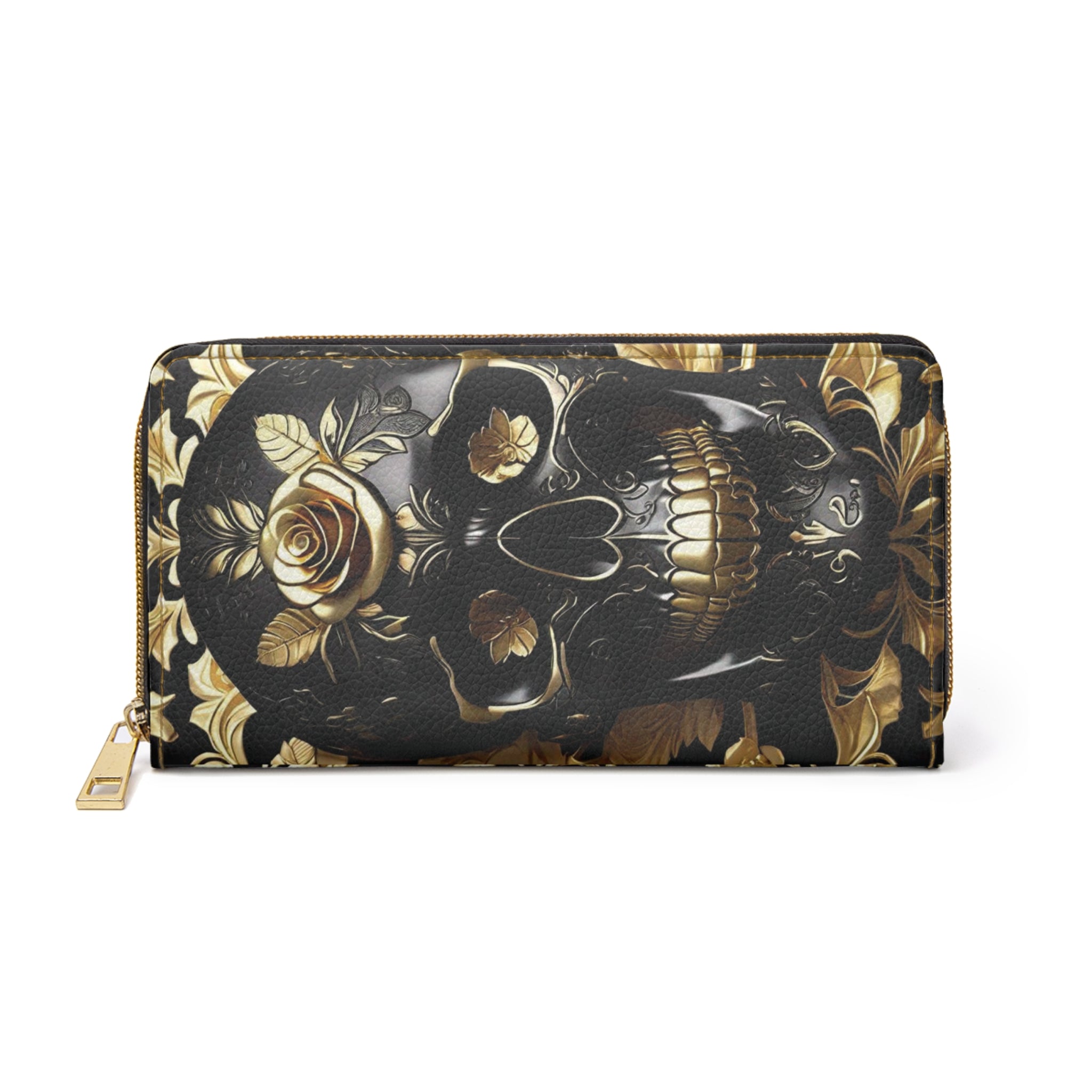Gothic Black & Gold Skull Rose Wallet | Cruelty Free Faux Leather Zipper Clutch