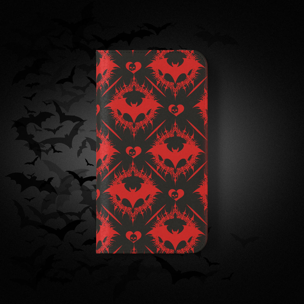 Gothic Bat Wallet Flip Case - Elegant Goth Phone Wallet - Bat Pattern Flip Case - Gothic Phone Case - Stylish Wallet Phone Case