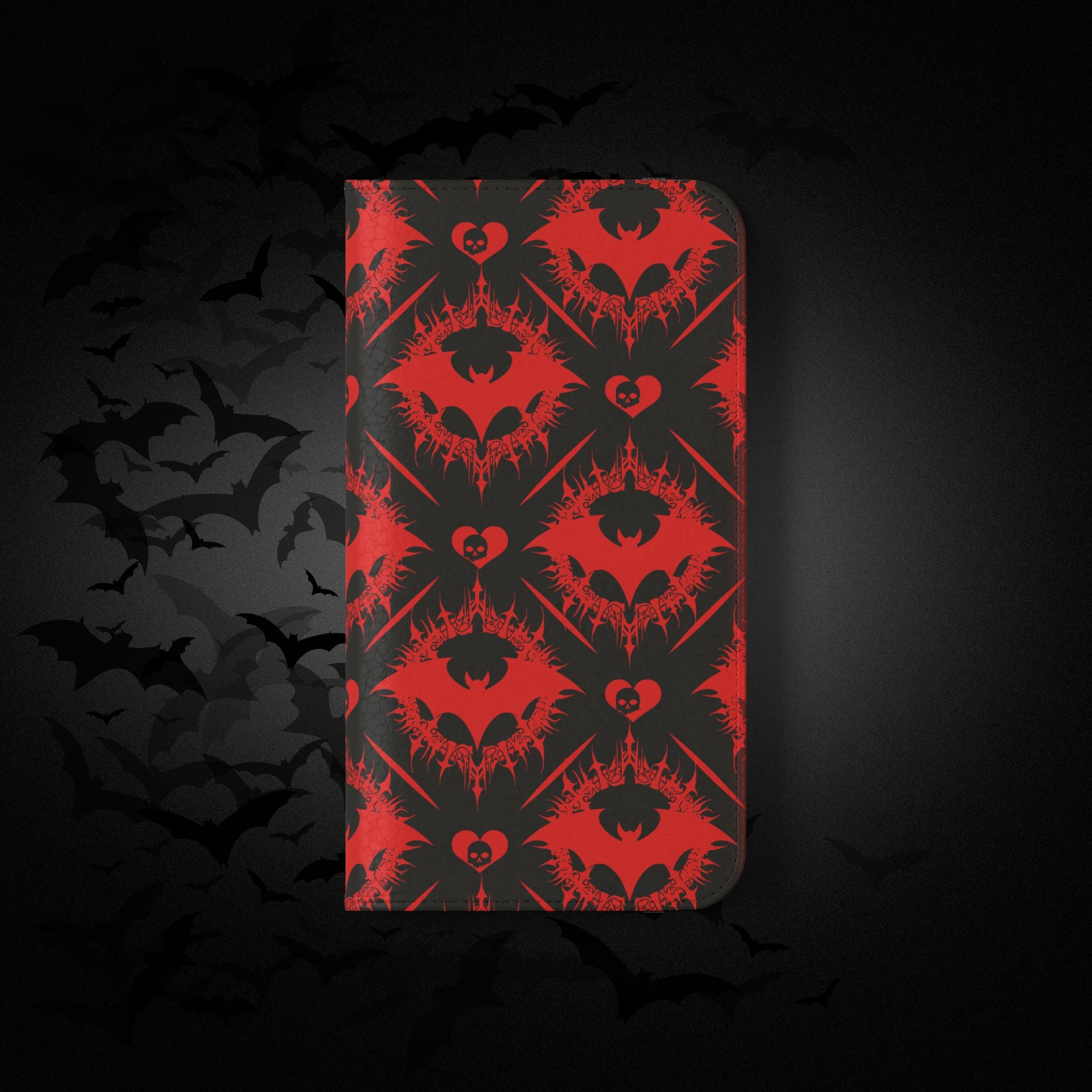 Gothic Bat Wallet Flip Case - Elegant Goth Phone Wallet - Bat Pattern Flip Case - Gothic Phone Case - Stylish Wallet Phone Case