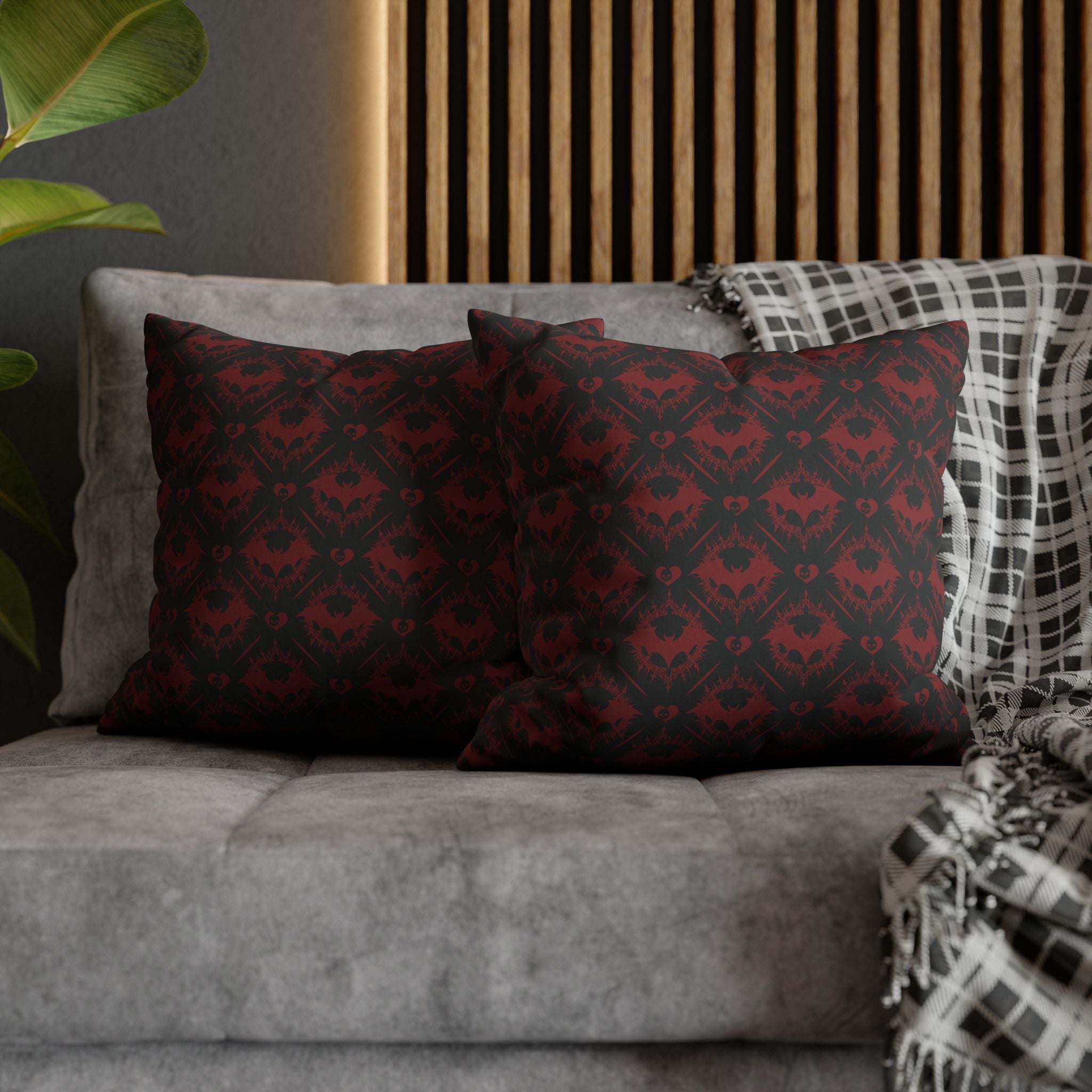Gothic Bat Diamond Pattern Throw Pillow — Midnight Black Dark Home Decor