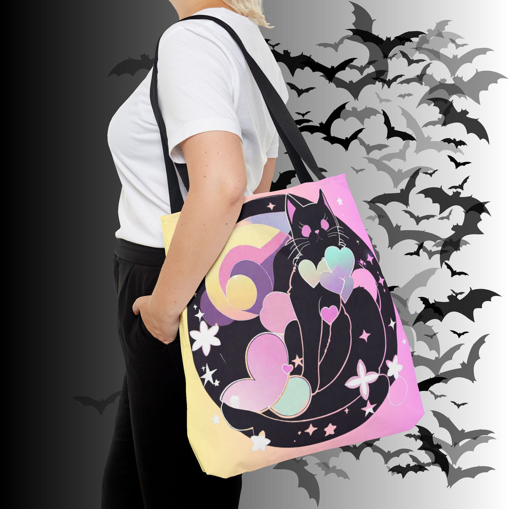 Pastel Goth Black Cat Heart Balloon Tote Bag — Kawaii Moon Print