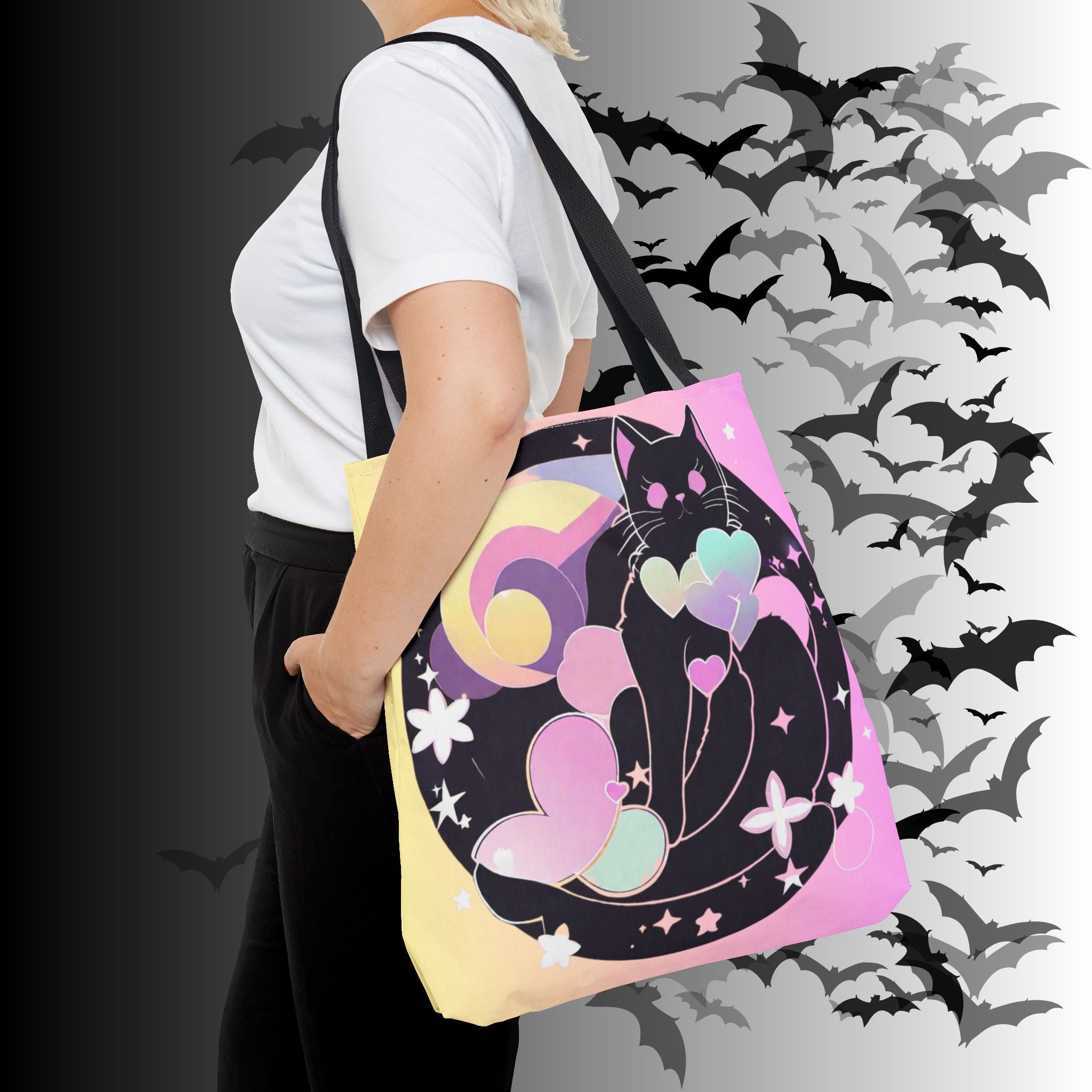 Pastel Goth Black Cat Heart Balloon Tote Bag — Kawaii Moon Print