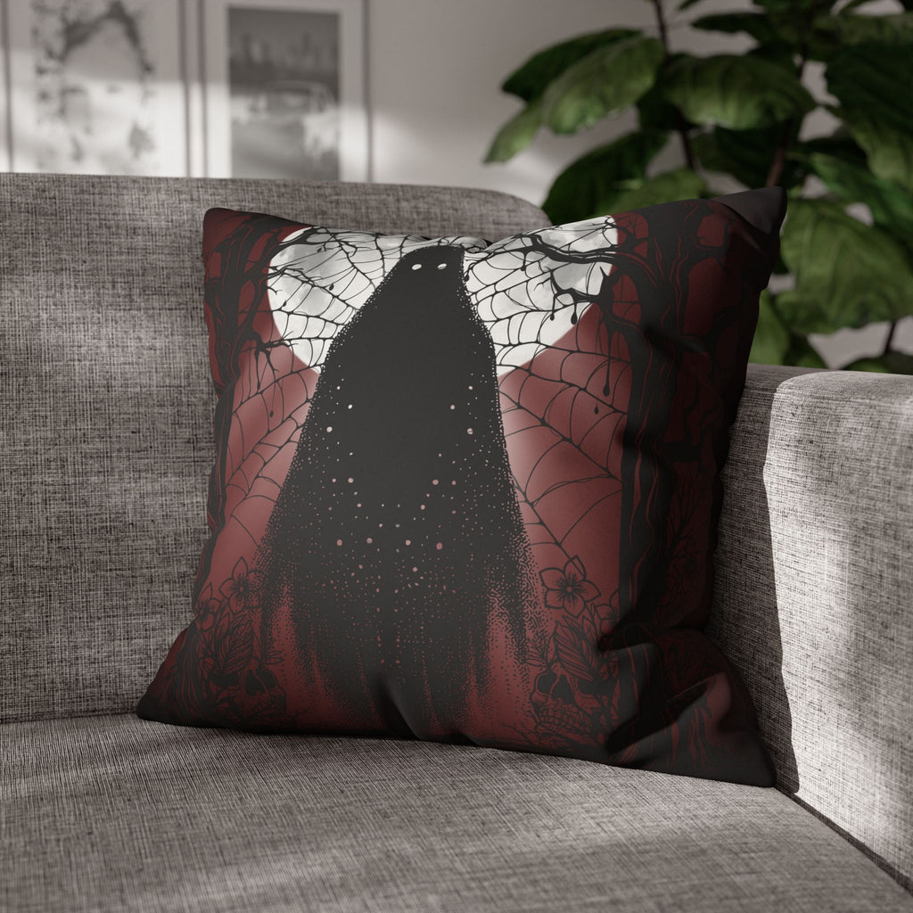 Gothic Ghost Cobweb Moon Throw Pillow — Spooky Halloween Dark Home Decor