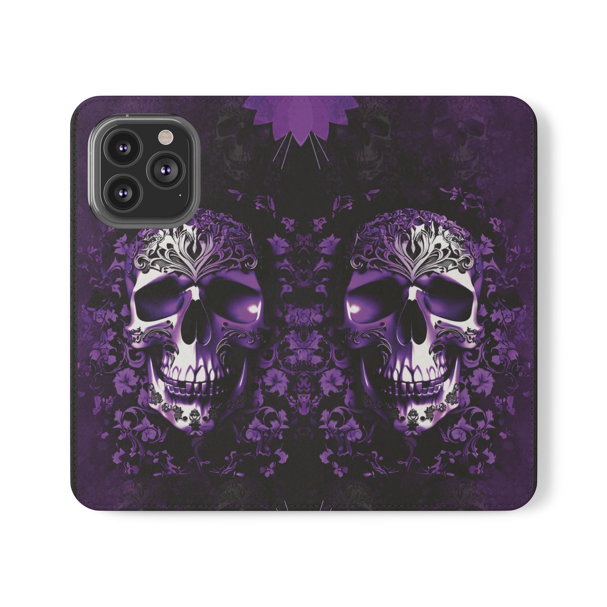 Purple Pastel Goth Skull Flip Wallet Phone Case - Skull Wallet Case for Samsung iPhone - Gothic Style Skull Wallet Phone Cases