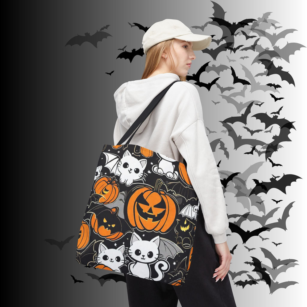 Kawaii Bat Cat Halloween Tote Bag — Dark Pumpkin Pattern