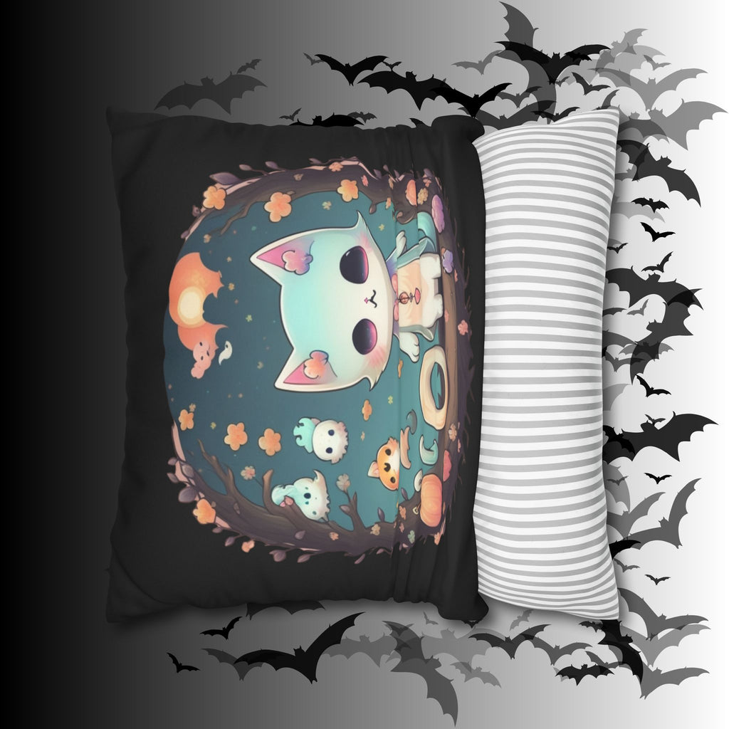 Creepy Cute Pastel Goth Cat Throw Pillow — Kawaii Halloween Dark Home Decor
