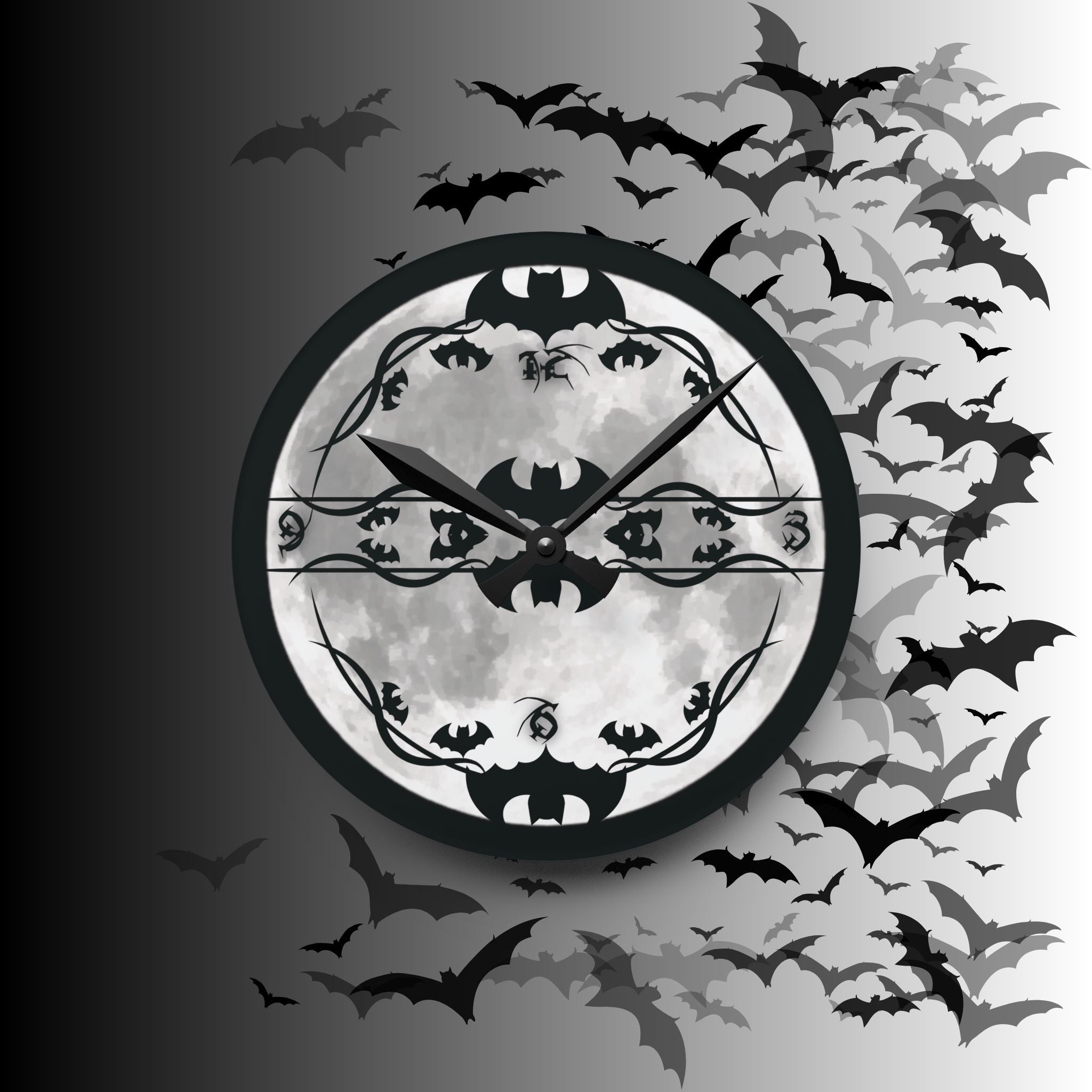 Gothic Bats Full Moon Wall Clock — Halloween Acrylic Art Print Home Decor