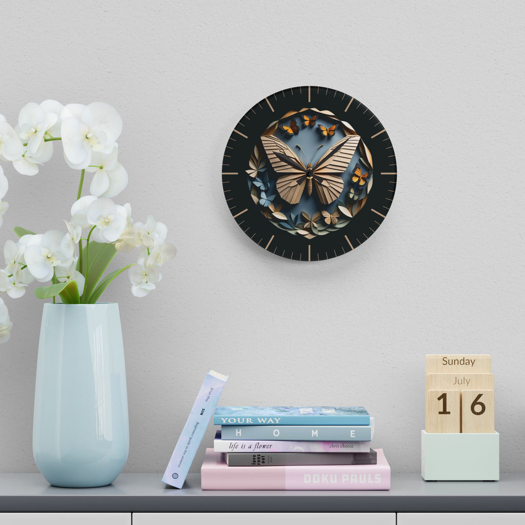 Origami Style Butterfly Acrylic Art Print Wall Clock — NOT Real Origami, Modern Zen Home Decor