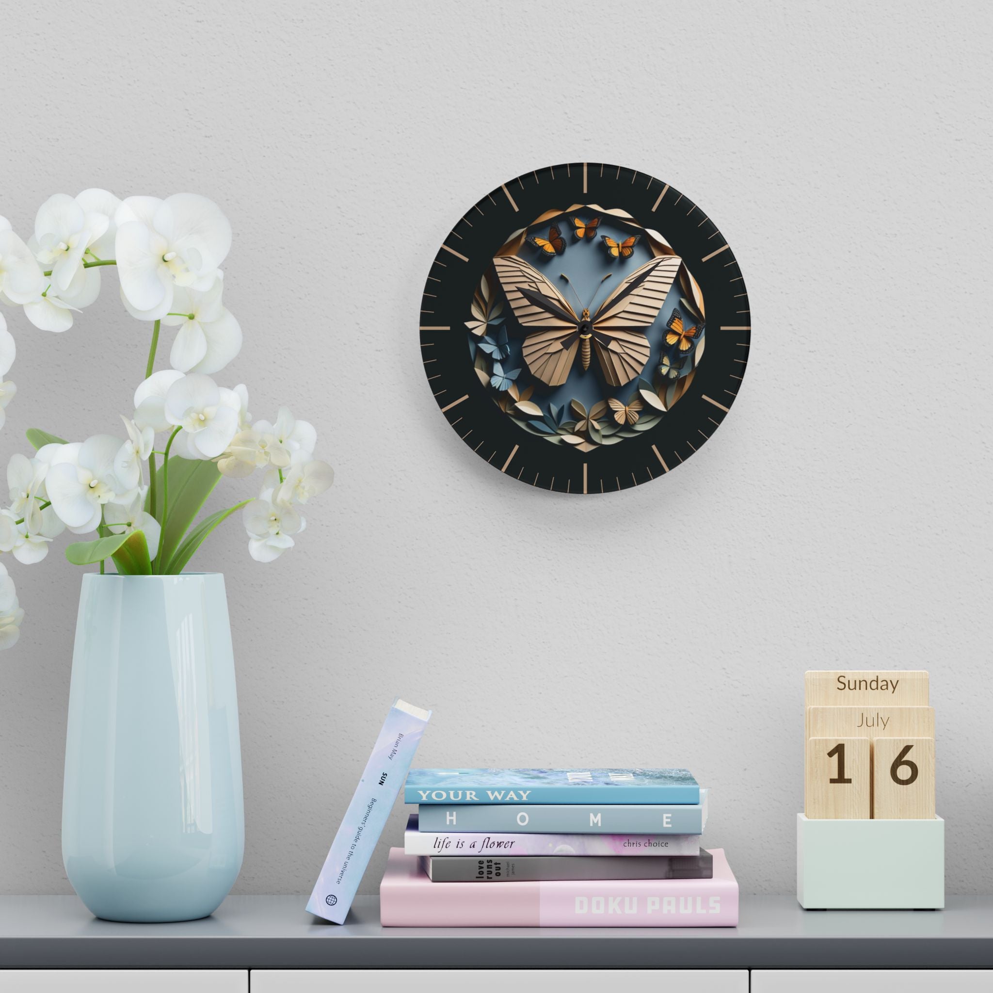 Origami Style Butterfly Acrylic Art Print Wall Clock — NOT Real Origami, Modern Zen Home Decor
