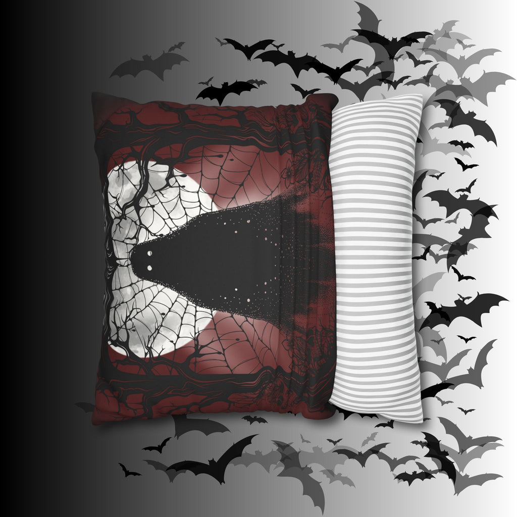 Gothic Ghost Cobweb Moon Throw Pillow — Spooky Halloween Dark Home Decor