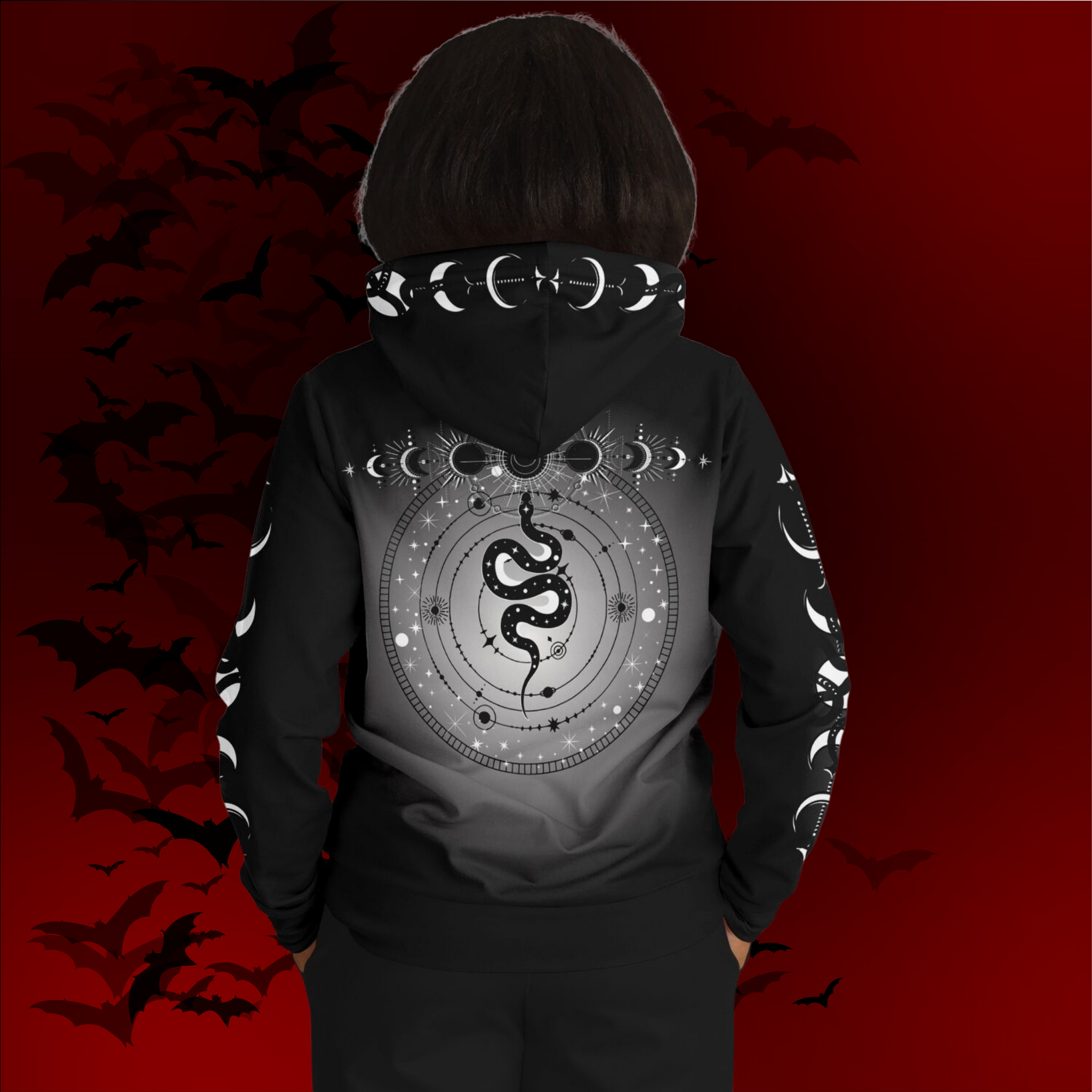 Celestial Serpent All Over Print Hoodie – Monochrome