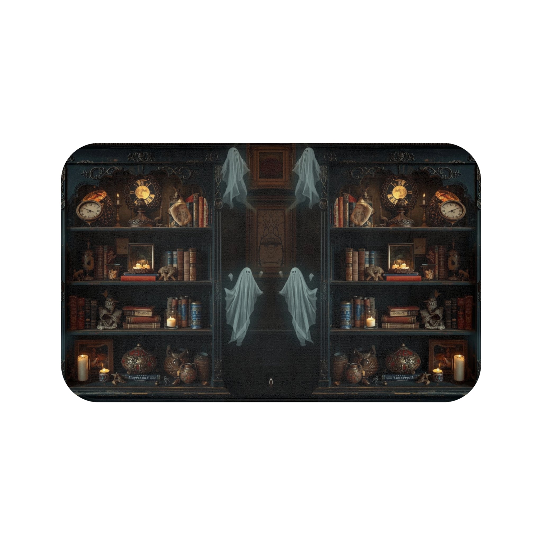 Whimsigoth Ghost Bookcase Bath Mat — Dark Academia Gothic Library Bathroom Decor