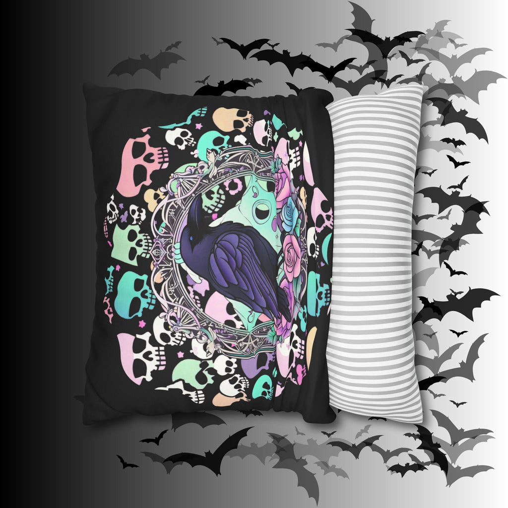 Pastel Goth Raven Skull Throw Pillow — Dark Floral Gothic Home Decor