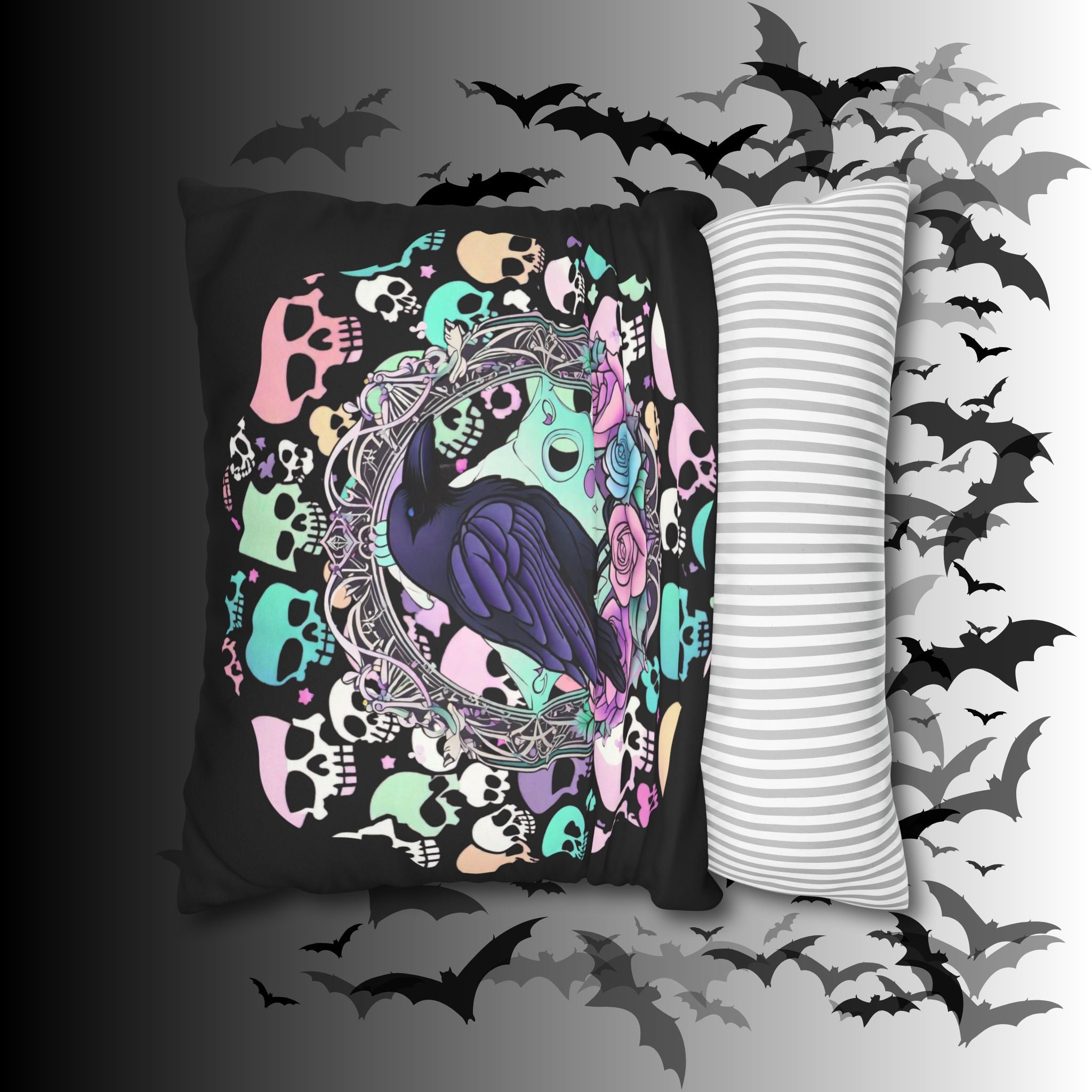 Pastel Goth Raven Skull Throw Pillow — Dark Floral Gothic Home Decor