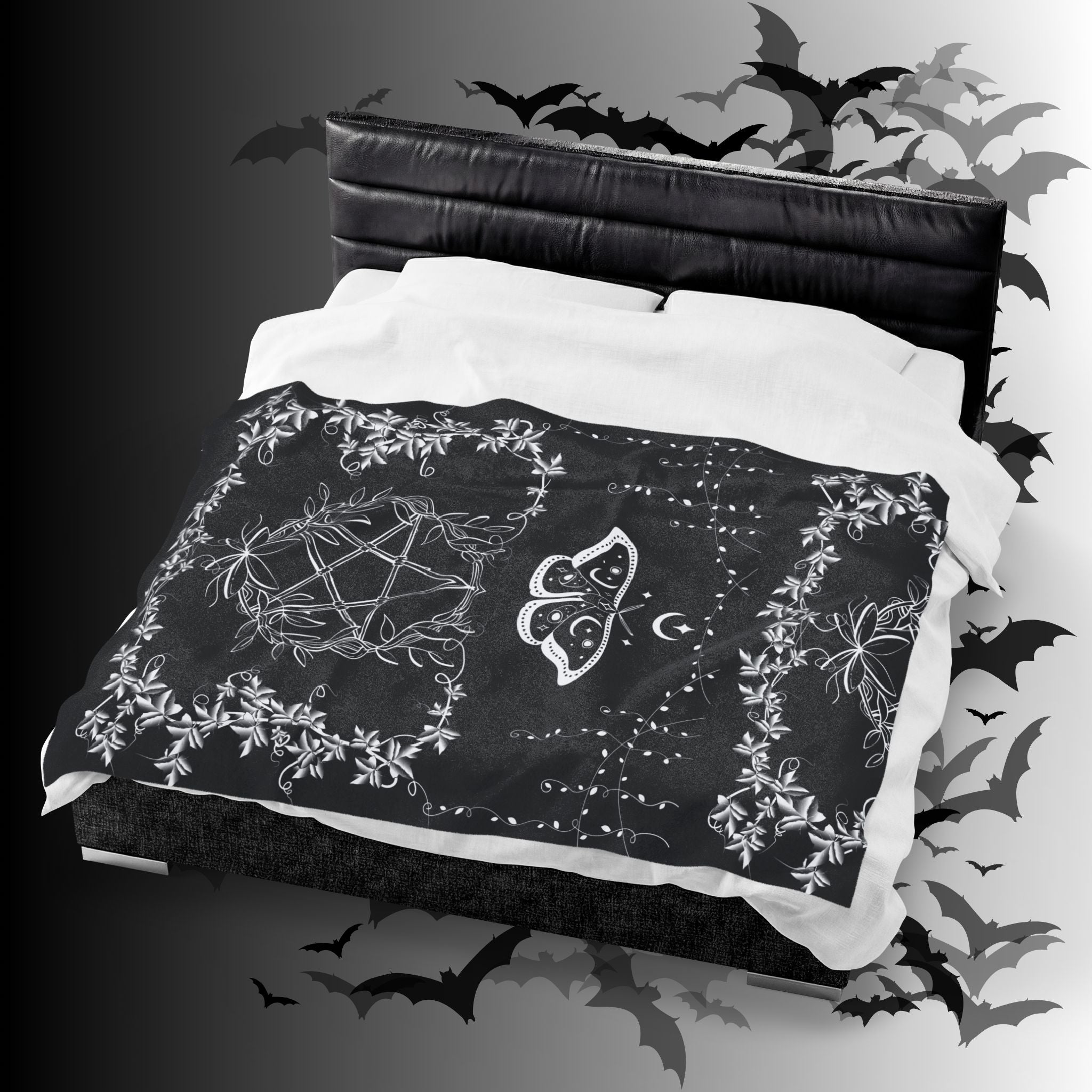 Witchy Luna Moth Pentagram Throw Blanket — Gothic Botanical Home Decor