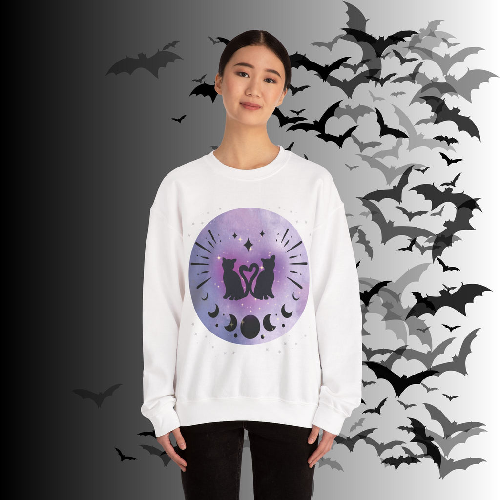 Celestial Twin Cats Heart Moon Crewneck Sweatshirt — Witchy Moon Phase