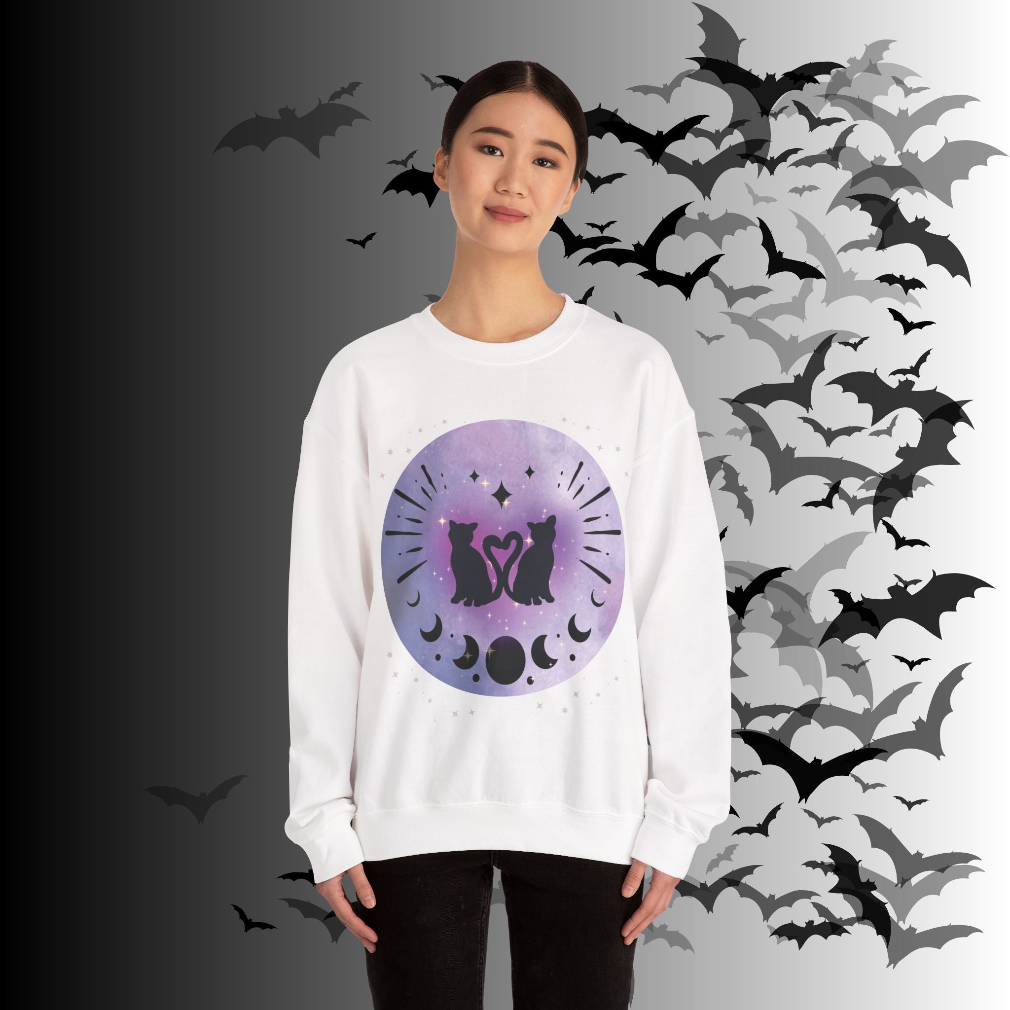 Celestial Twin Cats Heart Moon Crewneck Sweatshirt — Witchy Moon Phase