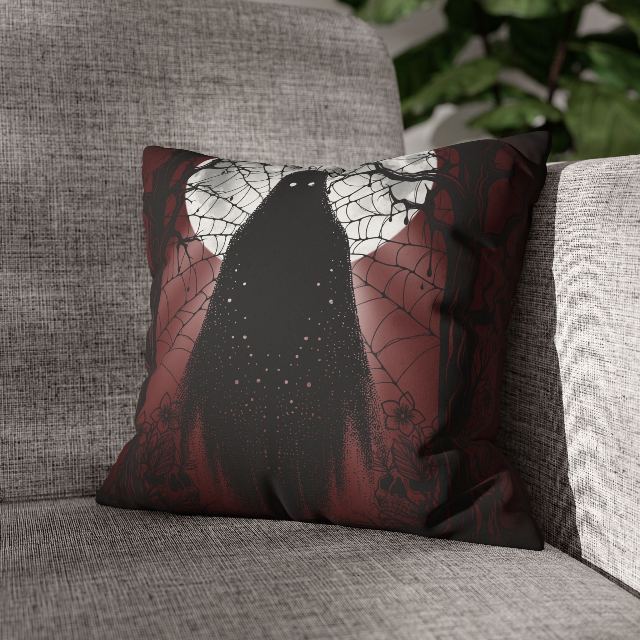 Gothic Ghost Cobweb Moon Throw Pillow — Spooky Halloween Dark Home Decor