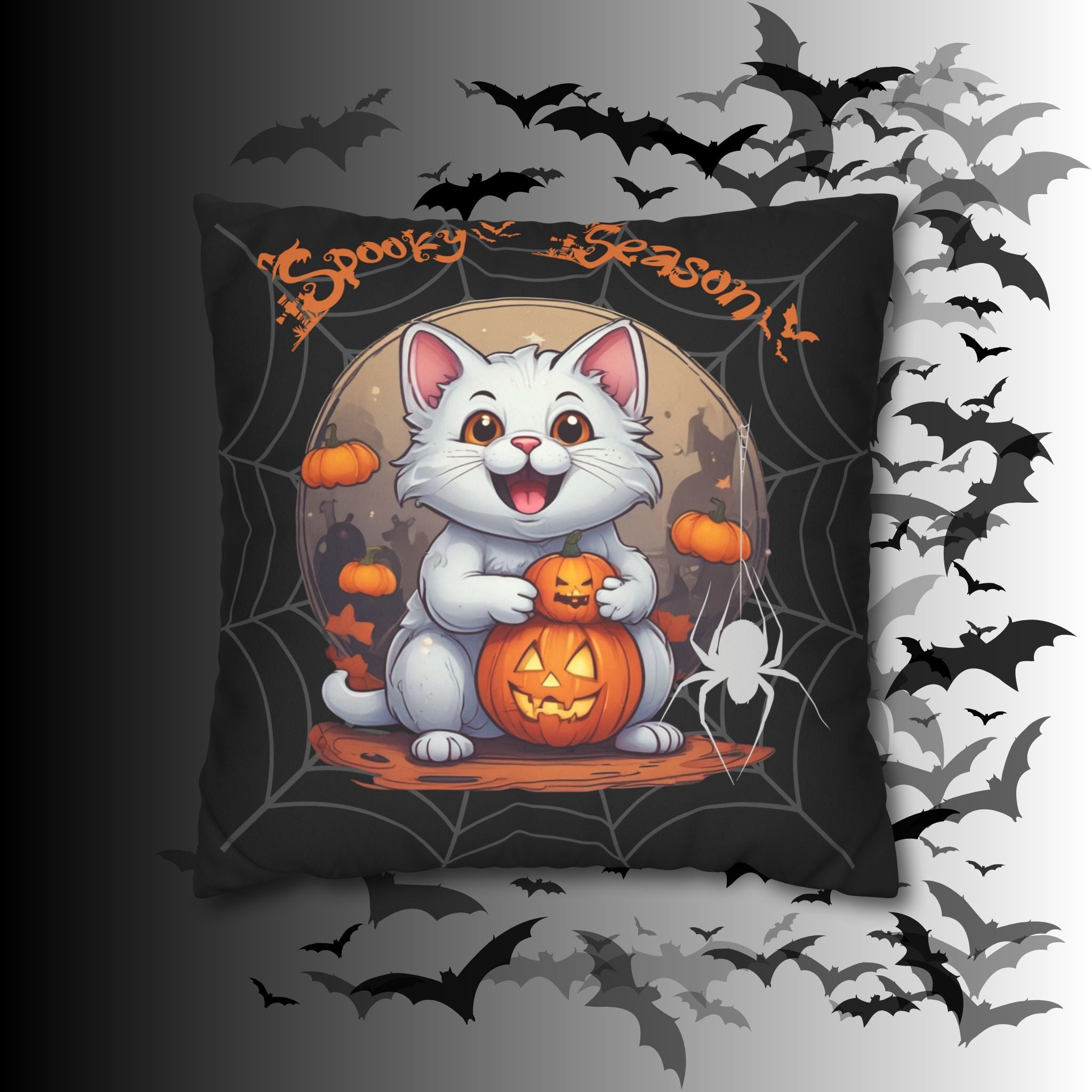 Spooky Season Cat Halloween Throw Pillow — Pumpkin Dark Home Decor