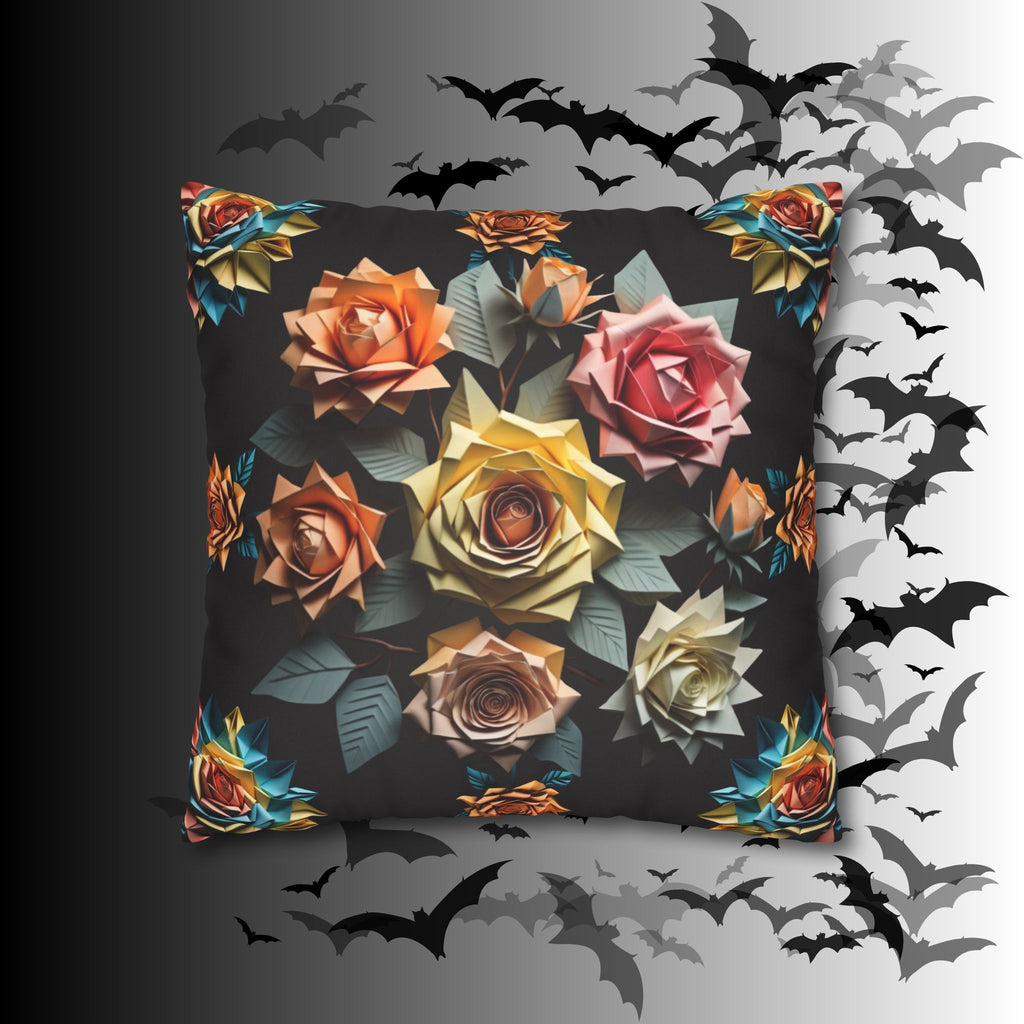 Gothic Origami Rose Throw Pillow — Dark Floral Botanical Home Decor