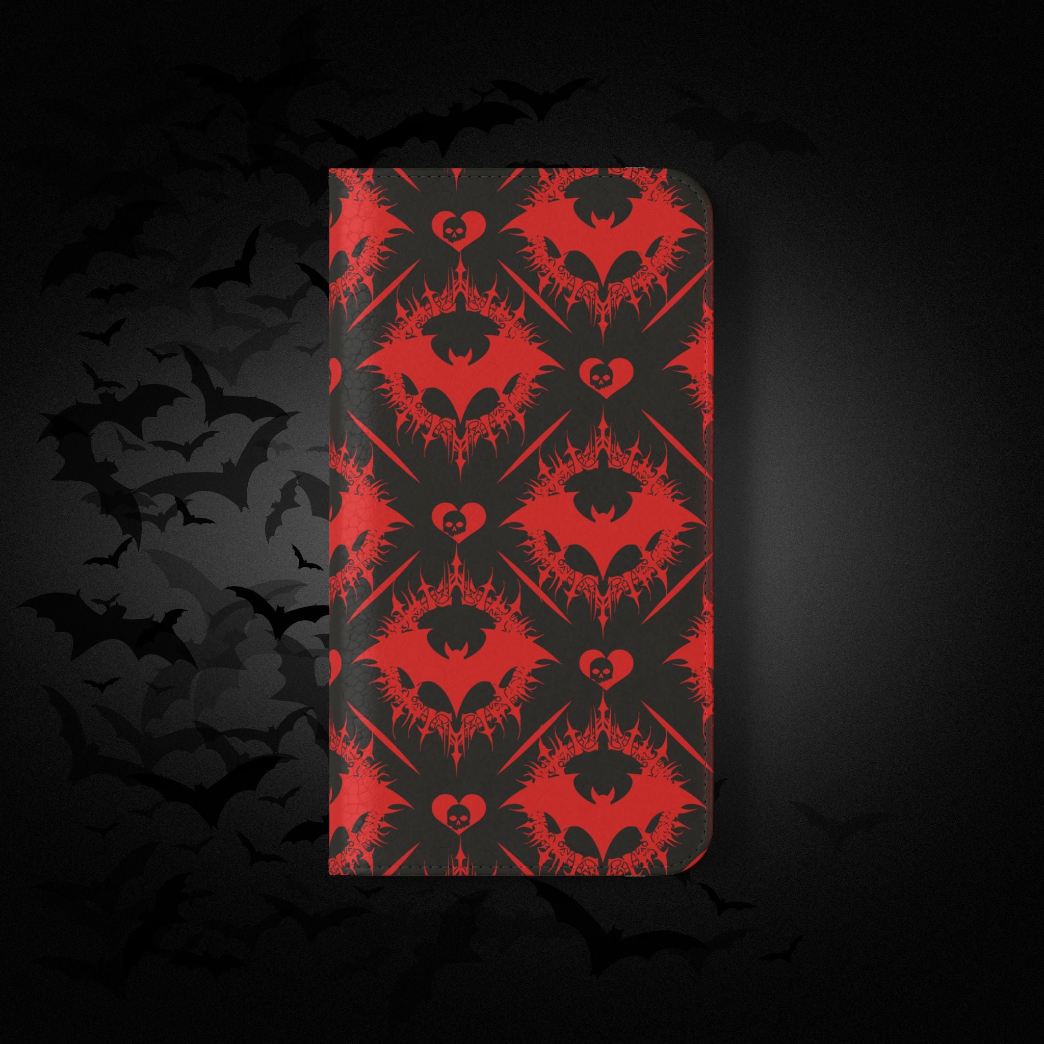 Gothic Bat Wallet Flip Case - Elegant Goth Phone Wallet - Bat Pattern Flip Case - Gothic Phone Case - Stylish Wallet Phone Case