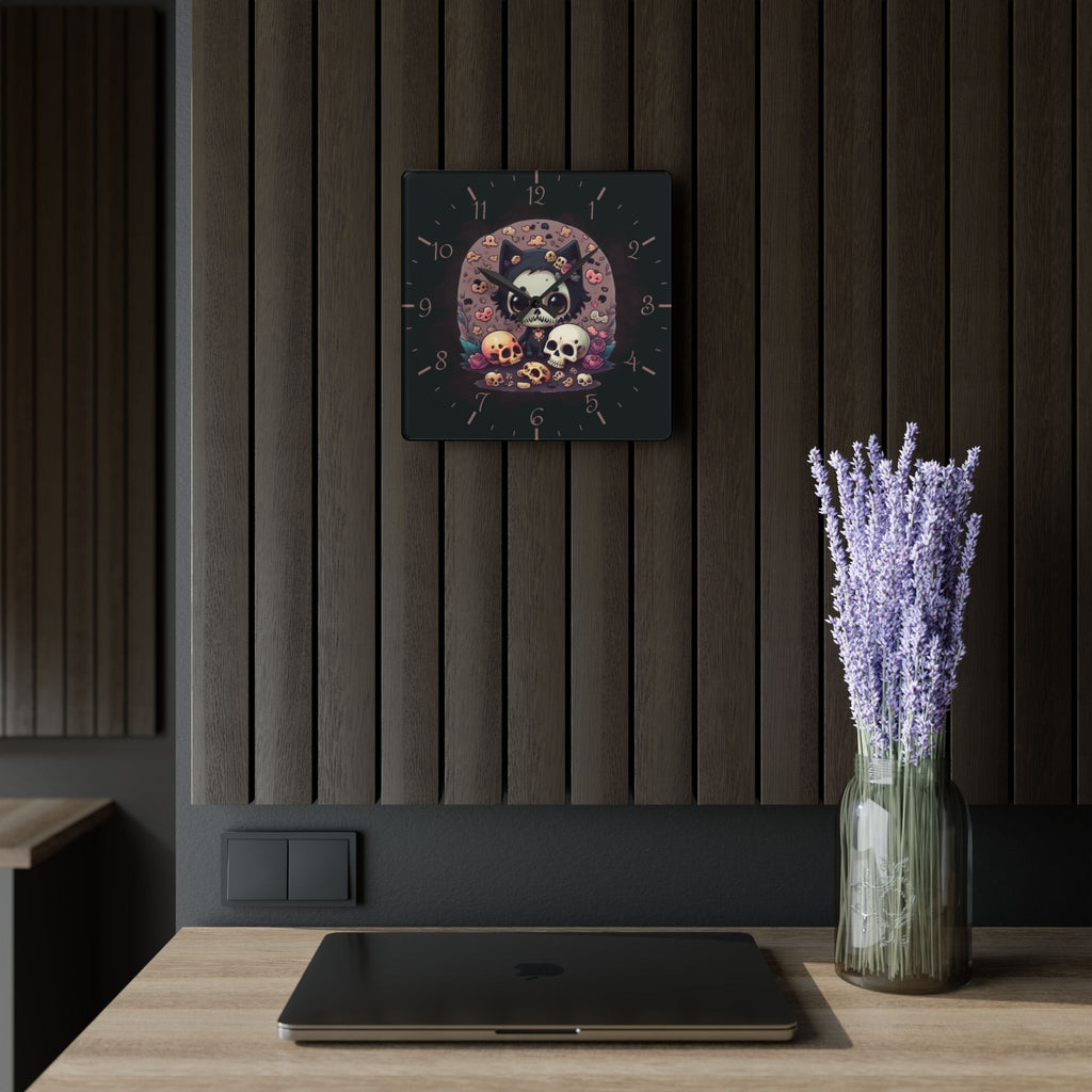 Skull Face Goth Cat Wall Clock — Pastel Goth Acrylic Art Print Home Decor
