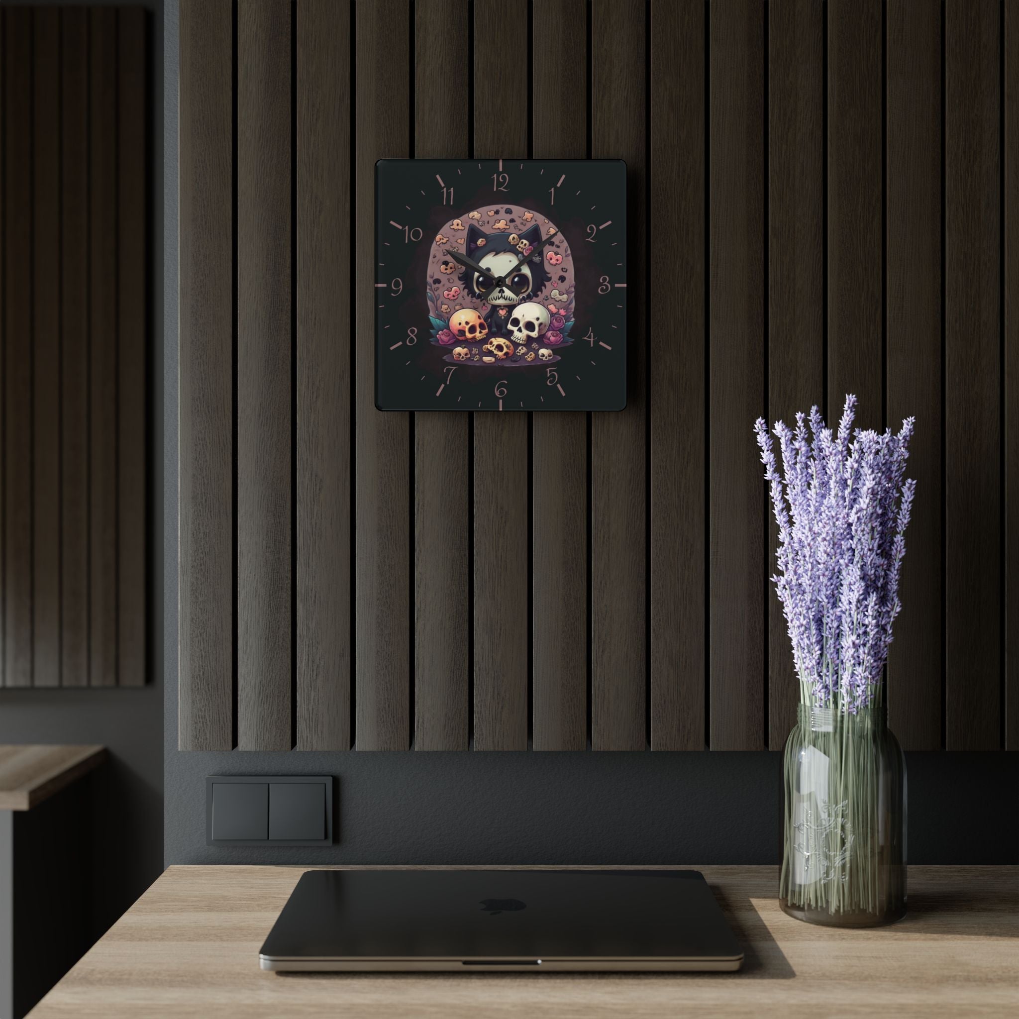 Skull Face Goth Cat Wall Clock — Pastel Goth Acrylic Art Print Home Decor