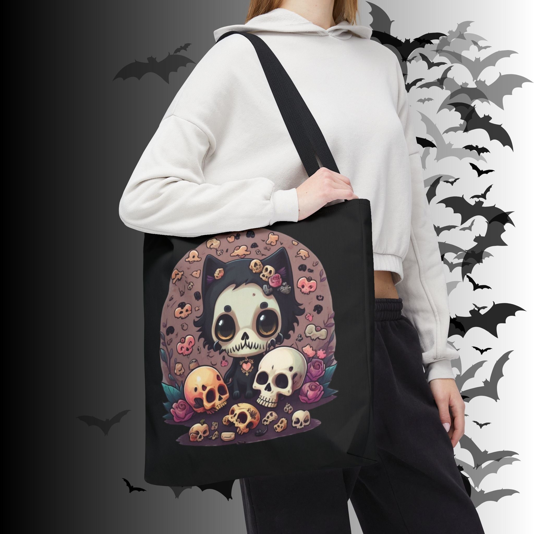 Kawaii Skull Cat Tote Bag — Gothic Cute Skull Illustration